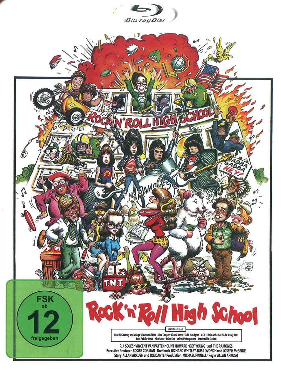 Filmcover von Rock'n'Roll High School. Cartoonartige Szene mit Band und Figuren.