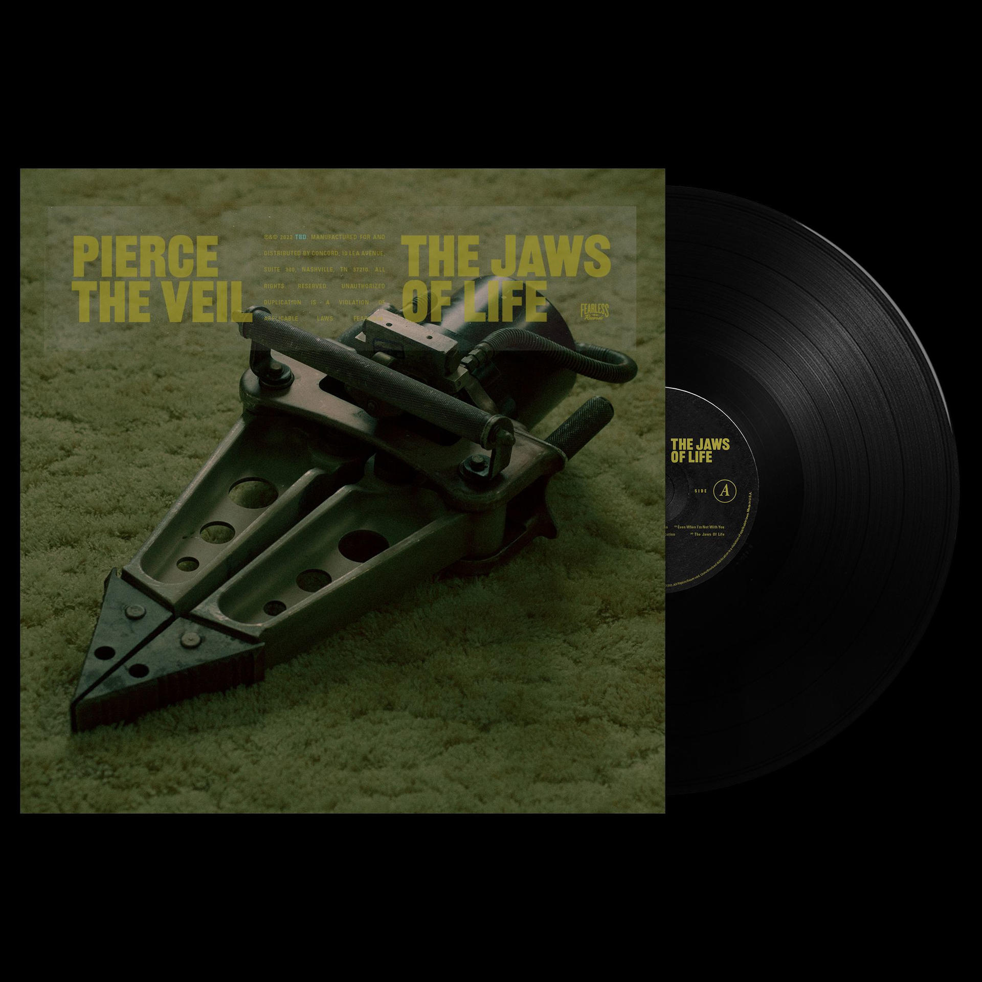 Vinyl albumhoes, Pierce The Veil, The Jaws of Life, met een reddingsgereedschap.