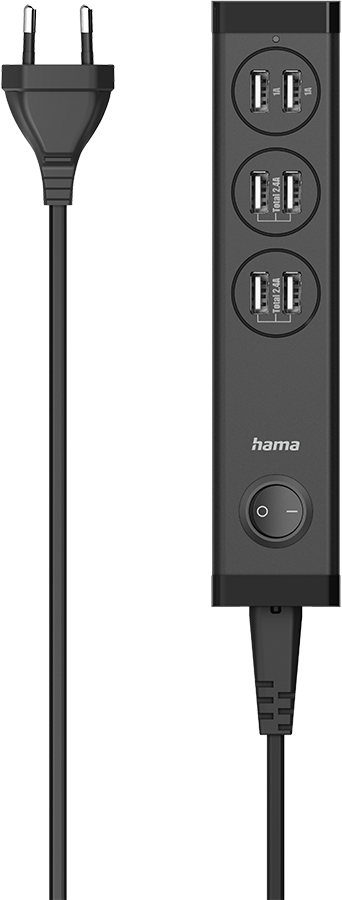 Een zwart stekkerblok met vier USB-poorten en een stekker. Inclusief een aan/uit-schakelaar.
