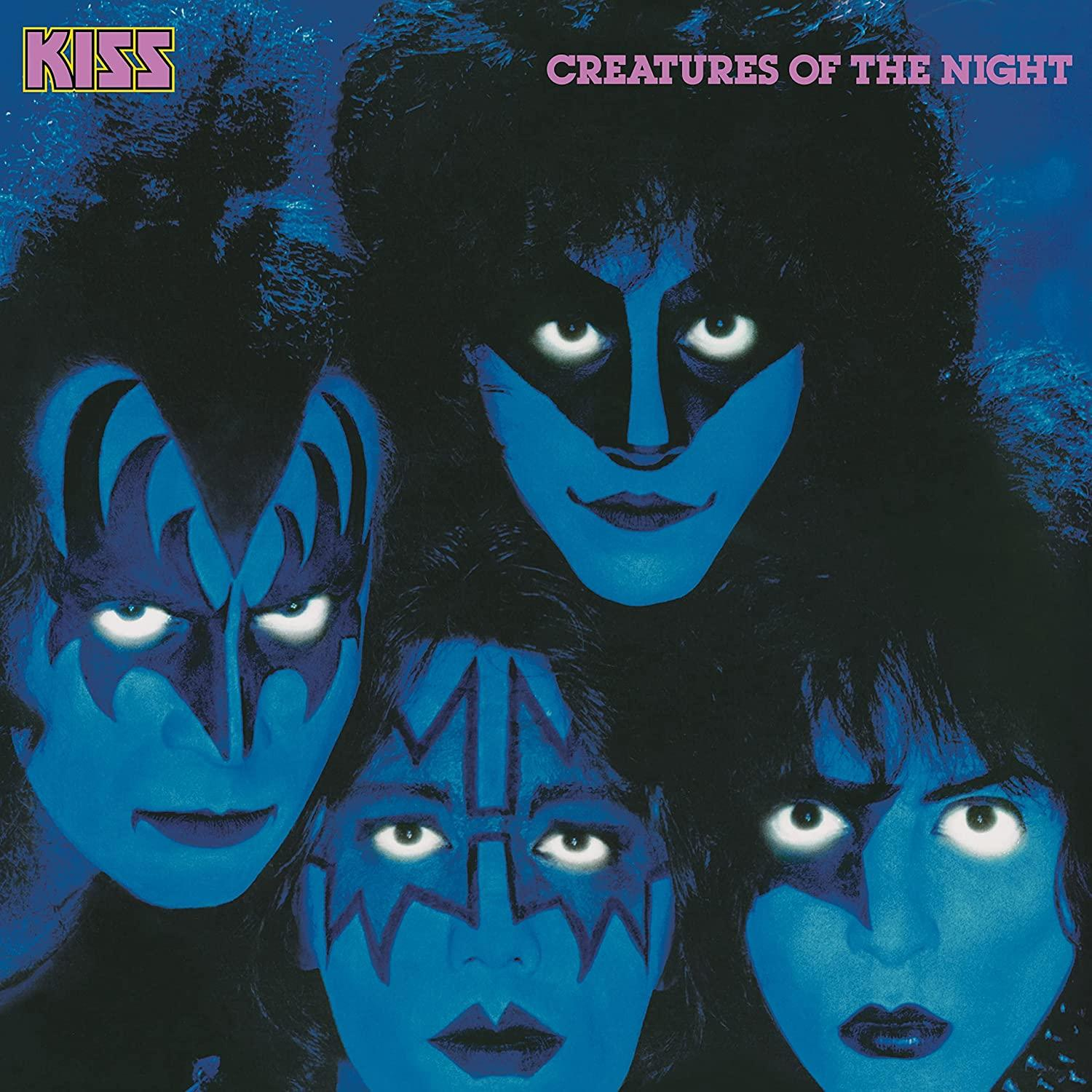 Albumcover von 'Creatures of the Night' von KISS, mit vier Gesichtern mit blauem Make-up.