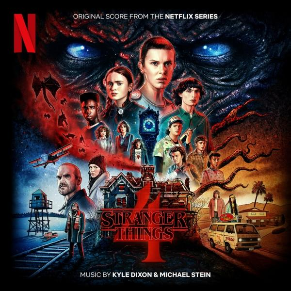 Stranger Things soundtrack cover. Hoofdpersonen worden getoond. Donkere achtergrond met lichten.