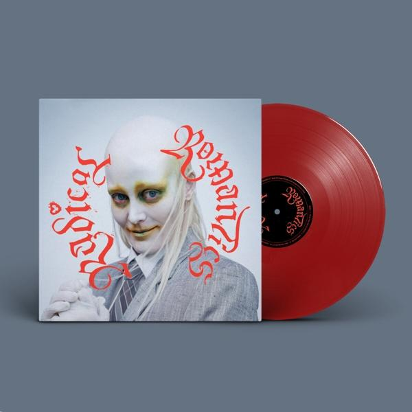 Albumhoes. Persoon met bleke huid, rode tekst en een rode vinylplaat.