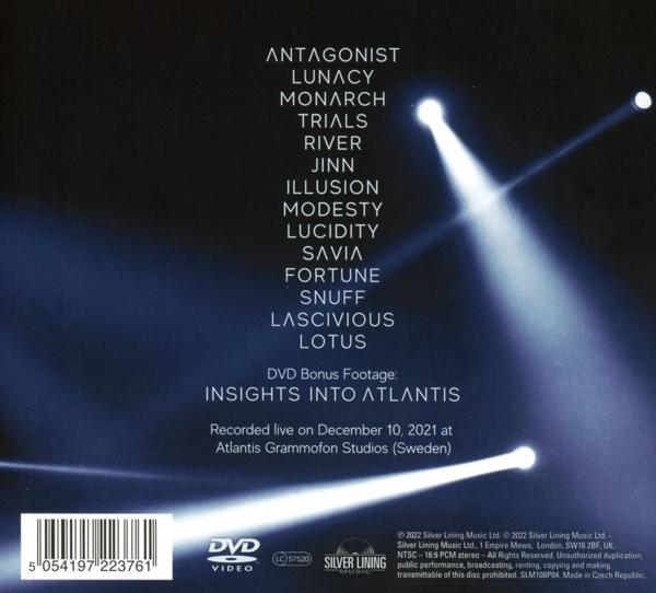 Rückseite einer DVD-Hülle mit Songtiteln und Credits. Enthält 'Insights Into Atlantis'-Material.