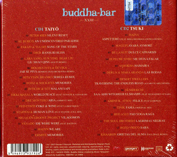 Albumcover. Roter Hintergrund mit weißem Text. CD1- und CD2-Auflistungen. Buddha-Bar-Titel oben.