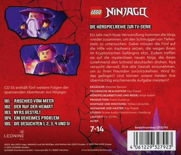 Die Rückseite eines Lego Ninjago CD-Gehäuses mit Text und Bildern von Lego-Charakteren.