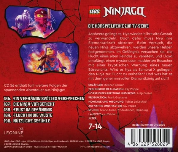 CD-Cover mit Ninjago-Charakteren. Text auf Deutsch beschreibt eine TV-Serie, Altersgruppe 7-14.