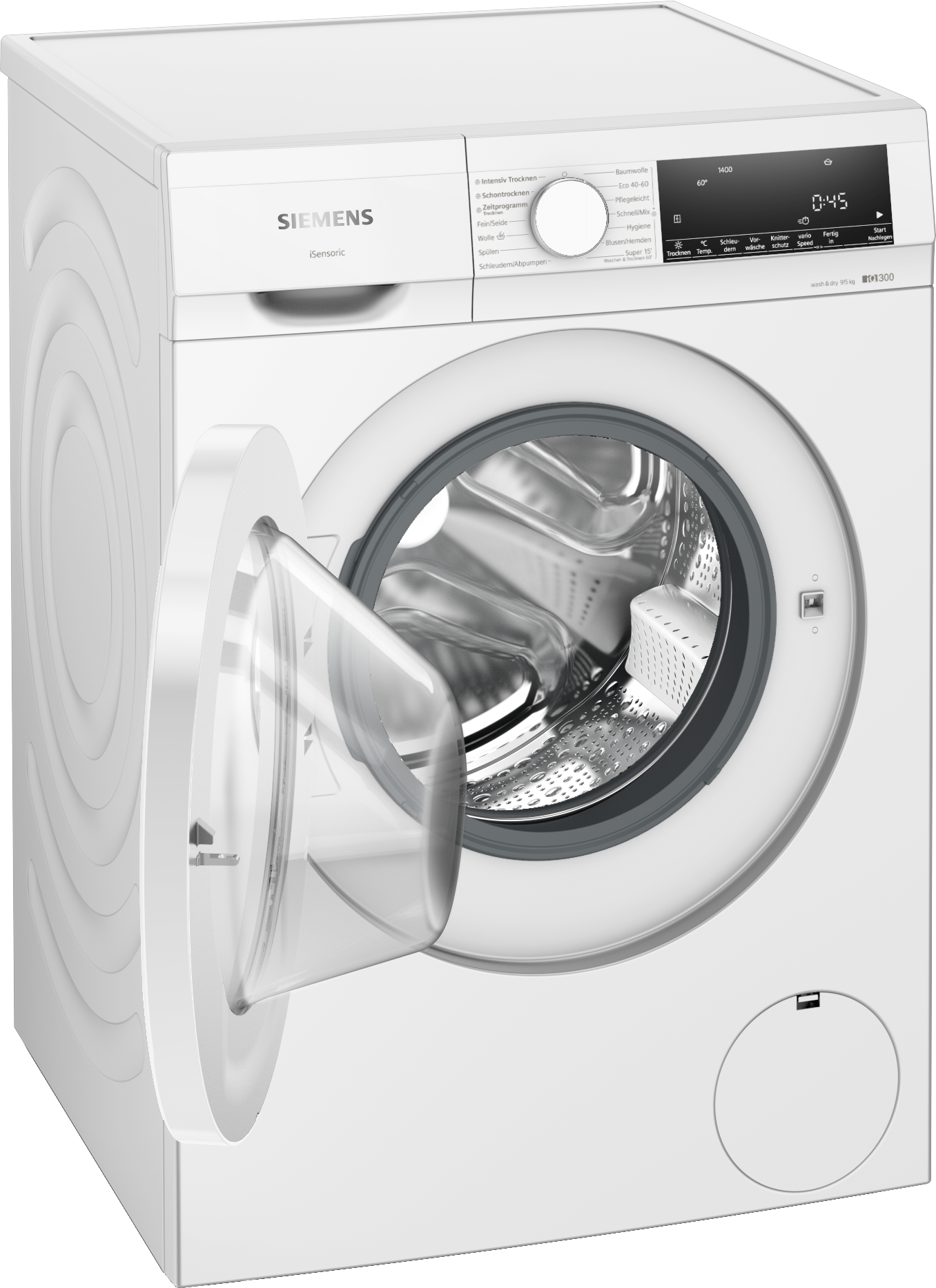 Weiße Waschmaschine mit offener Tür.
