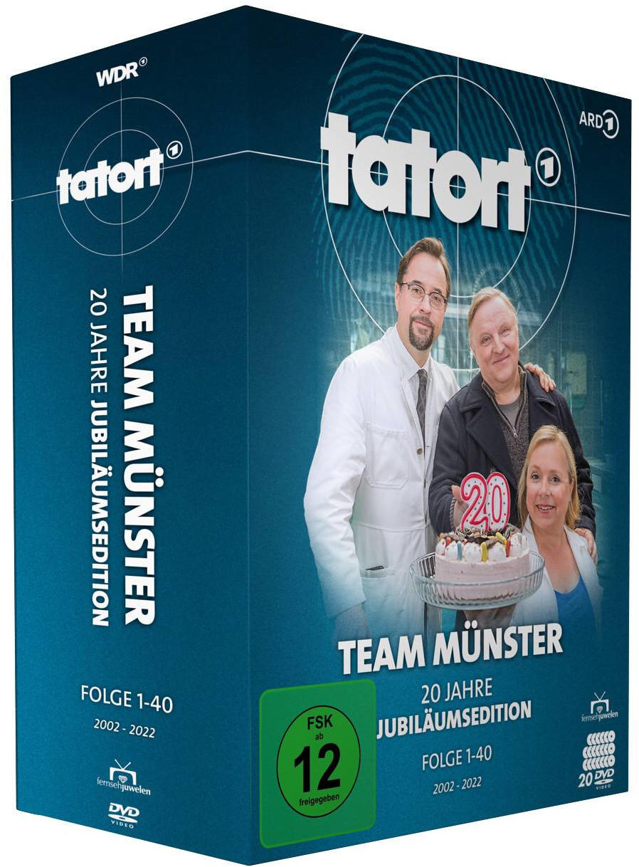 DVD-Box-Set der 'Tatort'-Serie. Zeigt Schauspieler mit Kuchen und dem Text '20 Jahre Jubiläumsedition'.