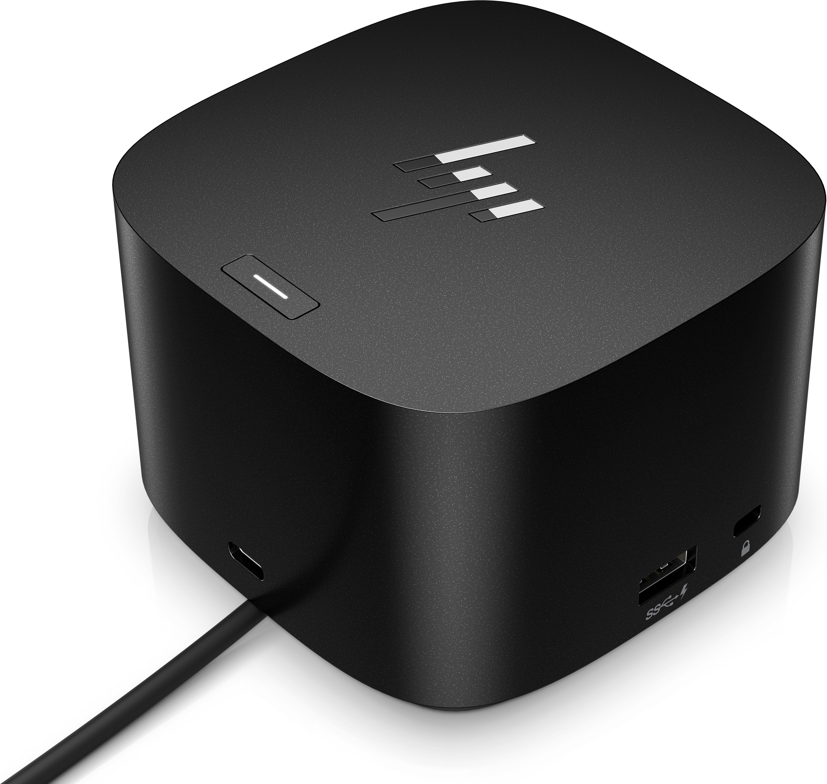 Black HP docking station, with ports and a power button. White background.