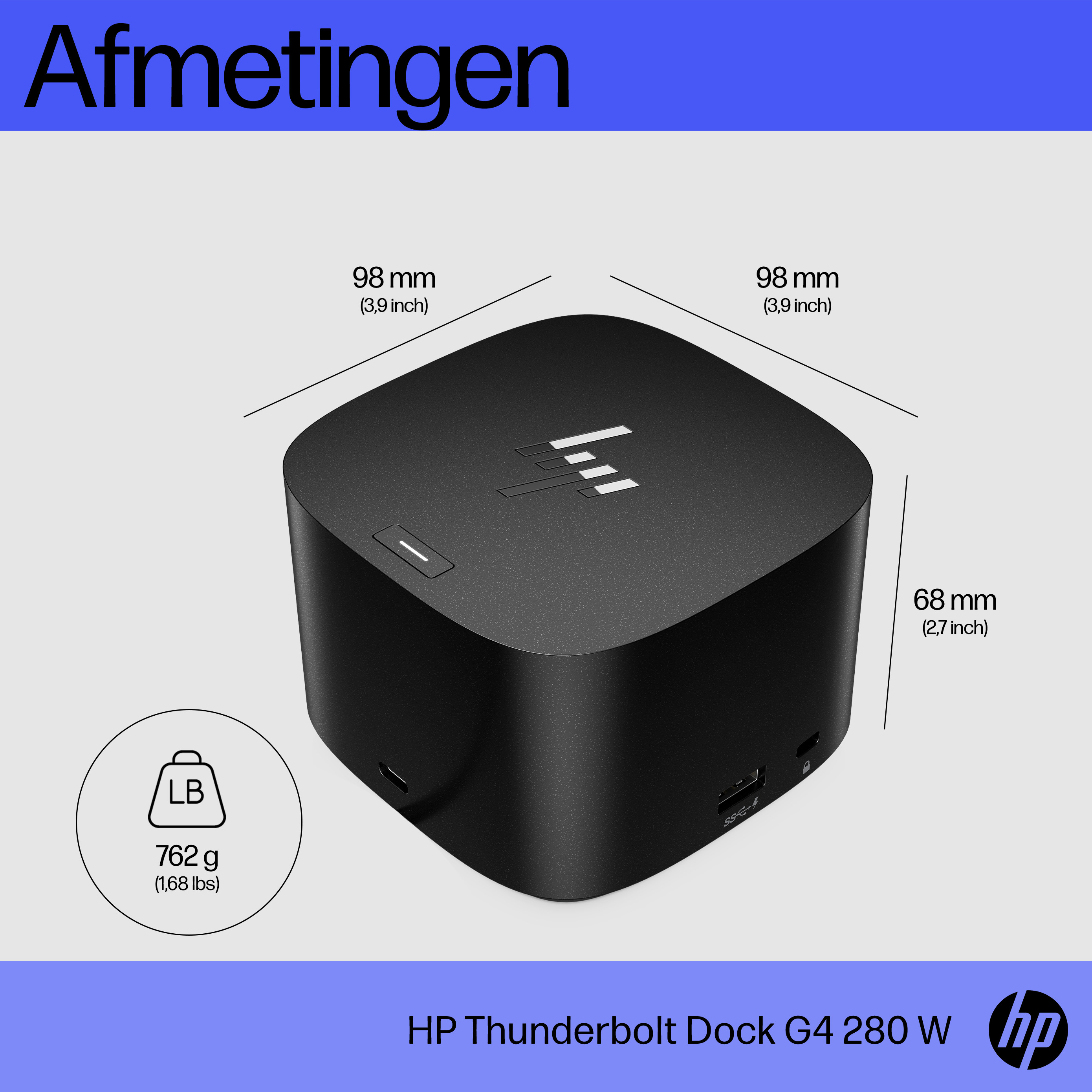 Black HP Thunderbolt Dock G4 with dimensions and a weight label.
