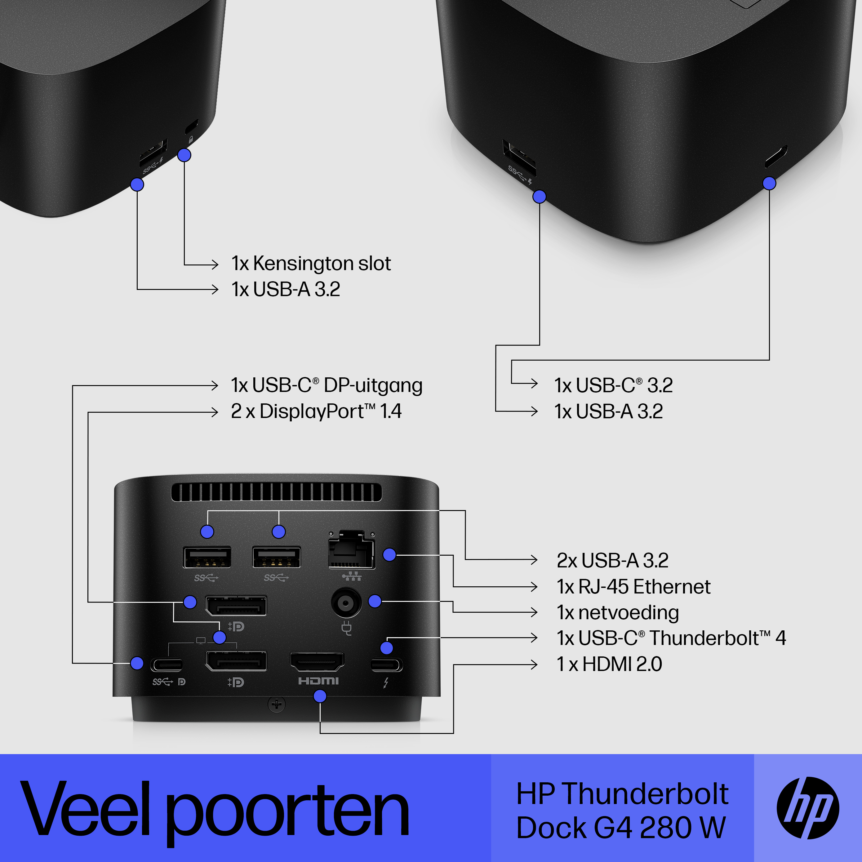 Black HP Thunderbolt Dock G4 with various ports and labels.