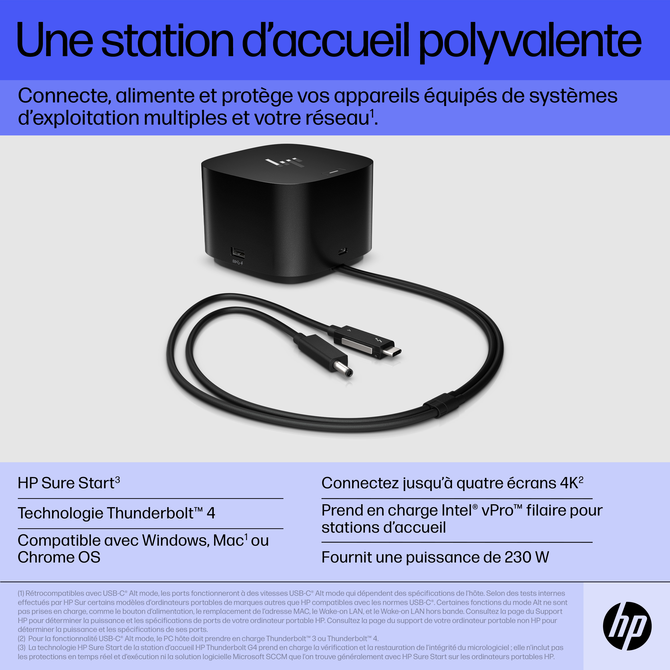 A black docking station with white text and various cables.