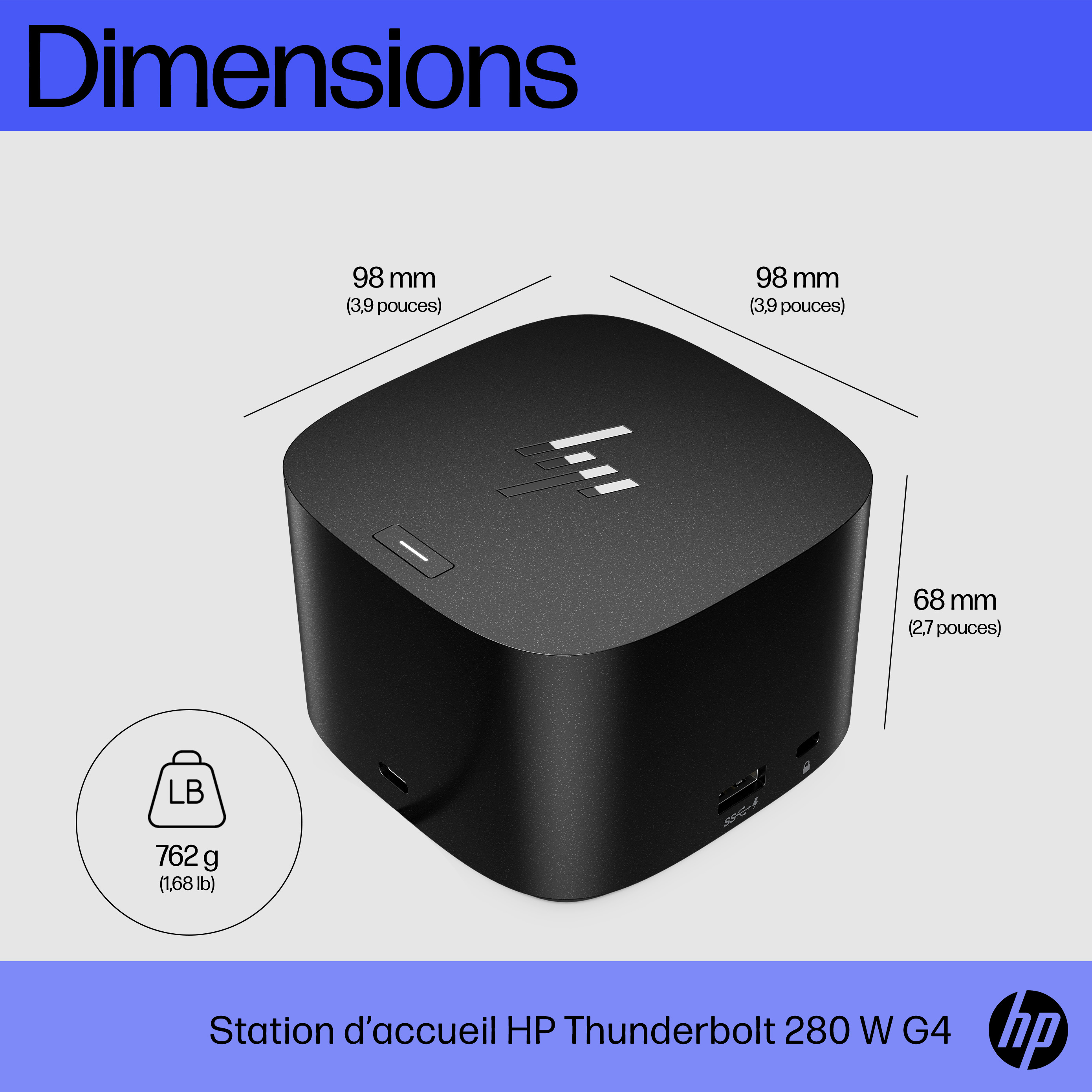 Black HP Thunderbolt docking station. Dimensions are labeled. HP logo is visible. White background.