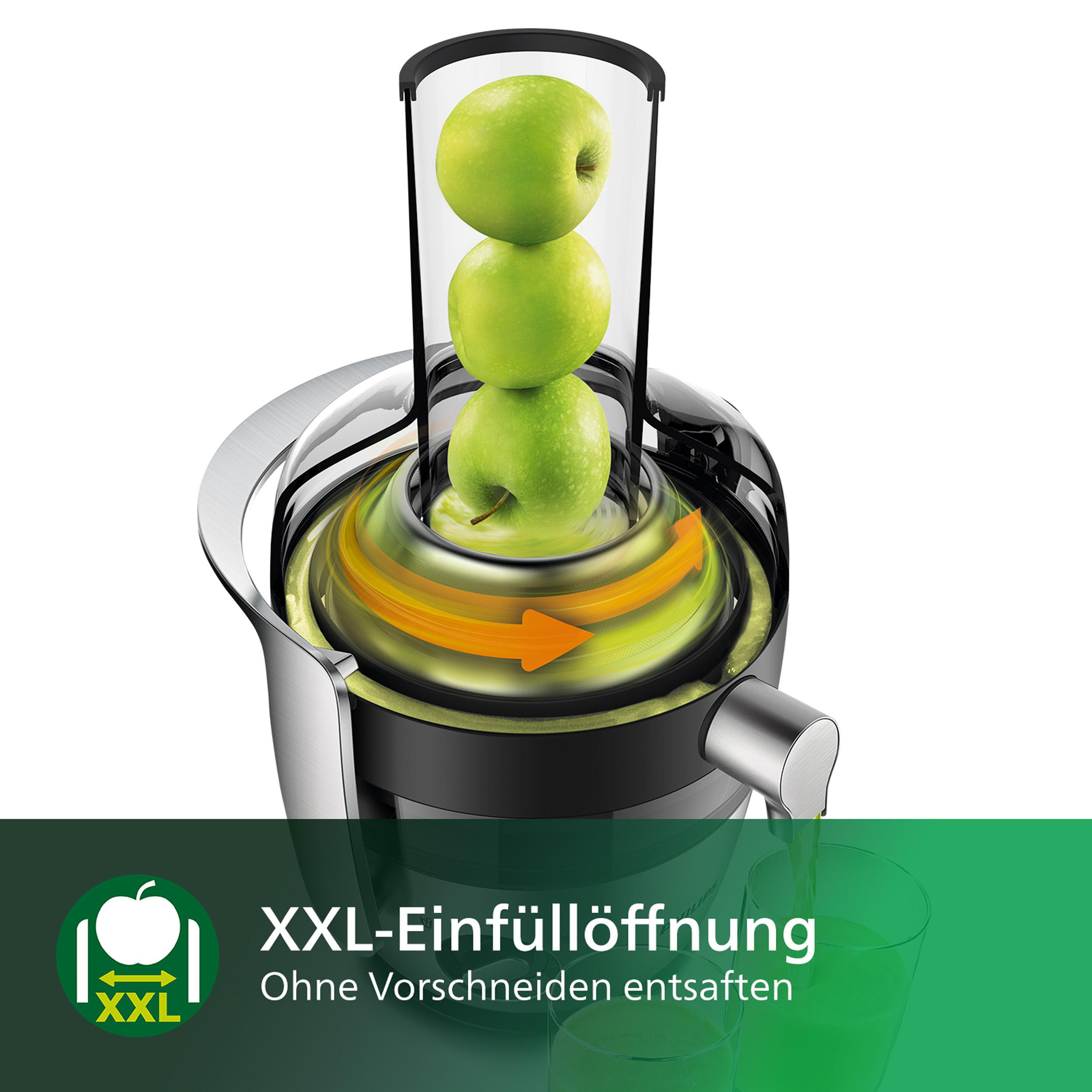 Entsafter mit Äpfeln und Saft. Text: XXL-Einfüllöffnung - Ohne Vorschneiden entsaften.