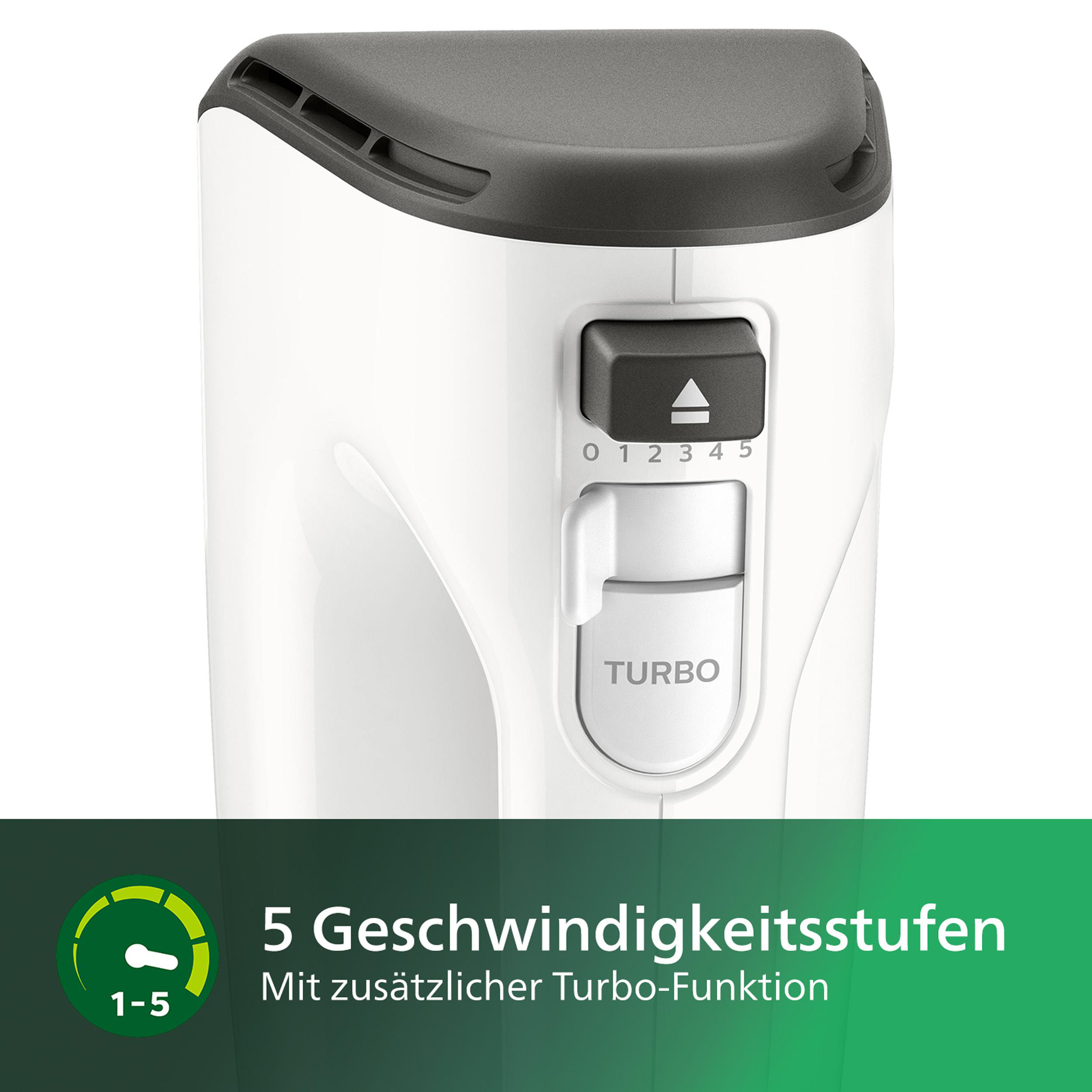 Eine Nahaufnahme eines Handmixers, die Geschwindigkeitseinstellungen und die Turbotaste zeigt. Der Hintergrund ist weiß.