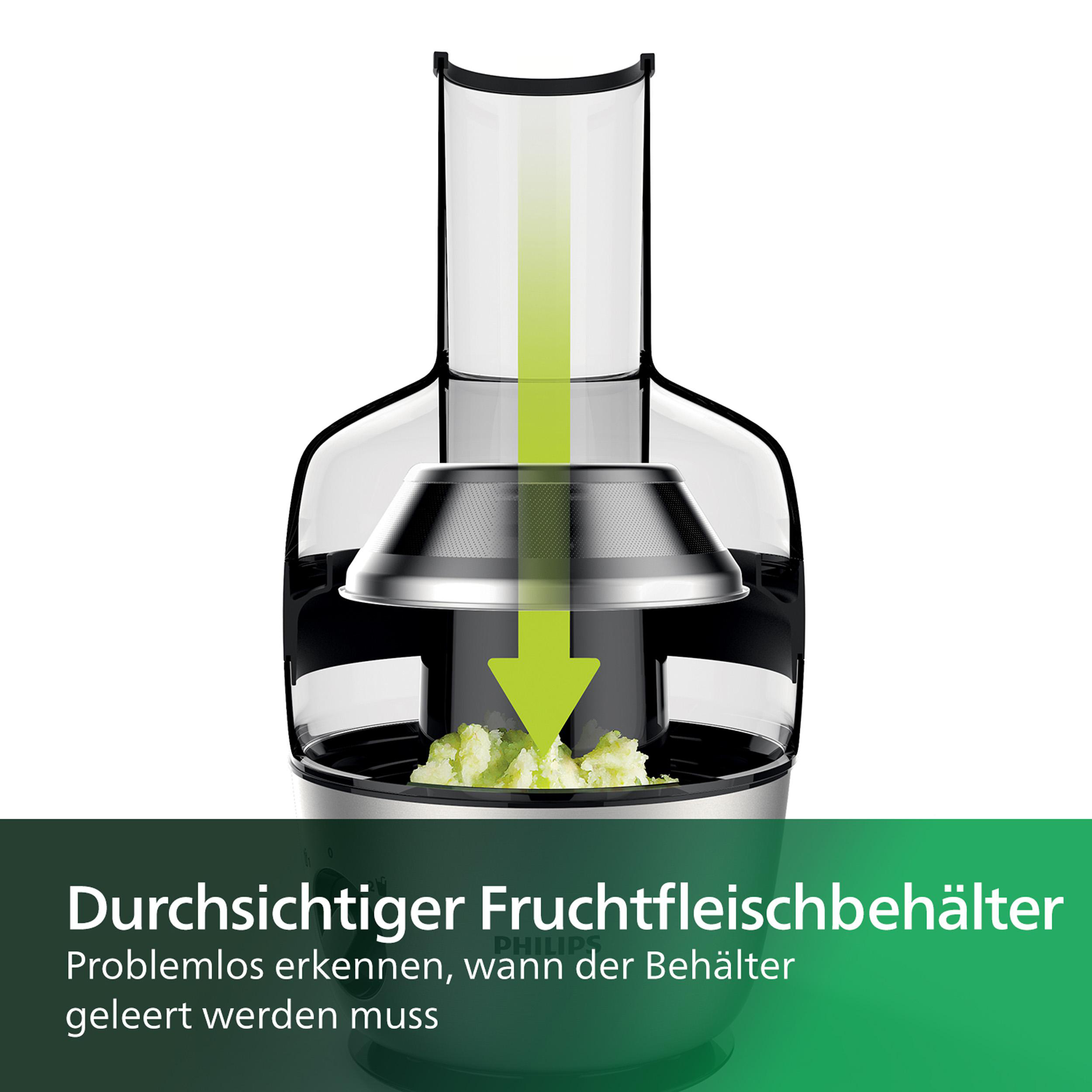 Ein Entsafter mit transparentem Fruchtfleischbehälter und grünem Pfeil.