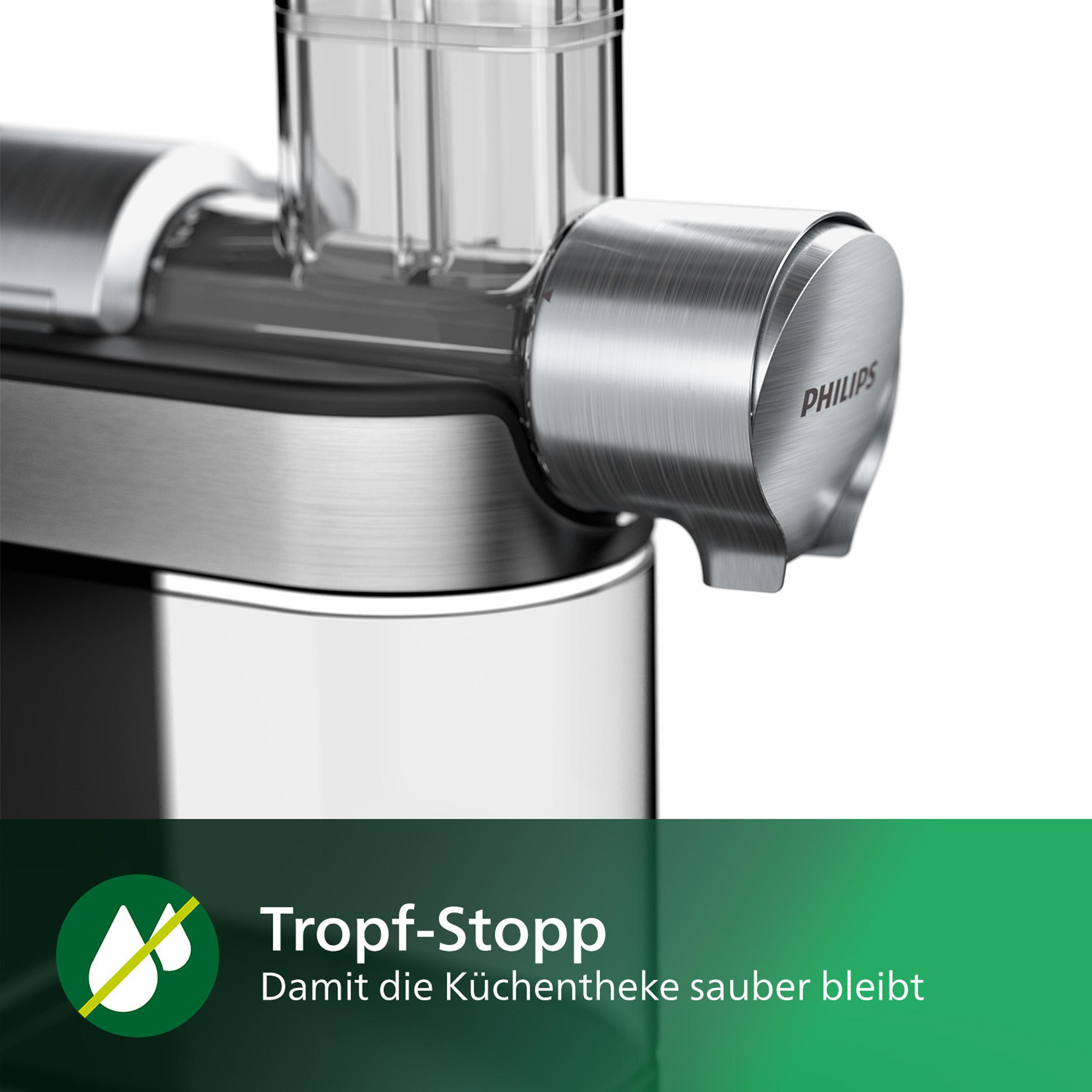 Nahaufnahme eines Philips Entsafters. Silbernes Metall und ein grünes Etikett. Weißer Hintergrund.