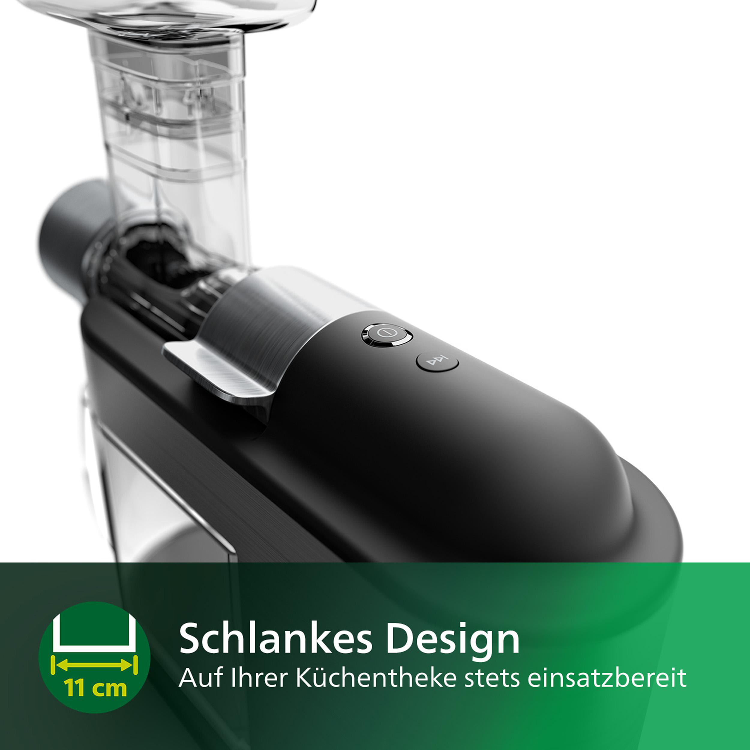 Schwarz-silberner Entsafter mit transparentem Oberteil und schwarzen Knöpfen, auf weißem Hintergrund.