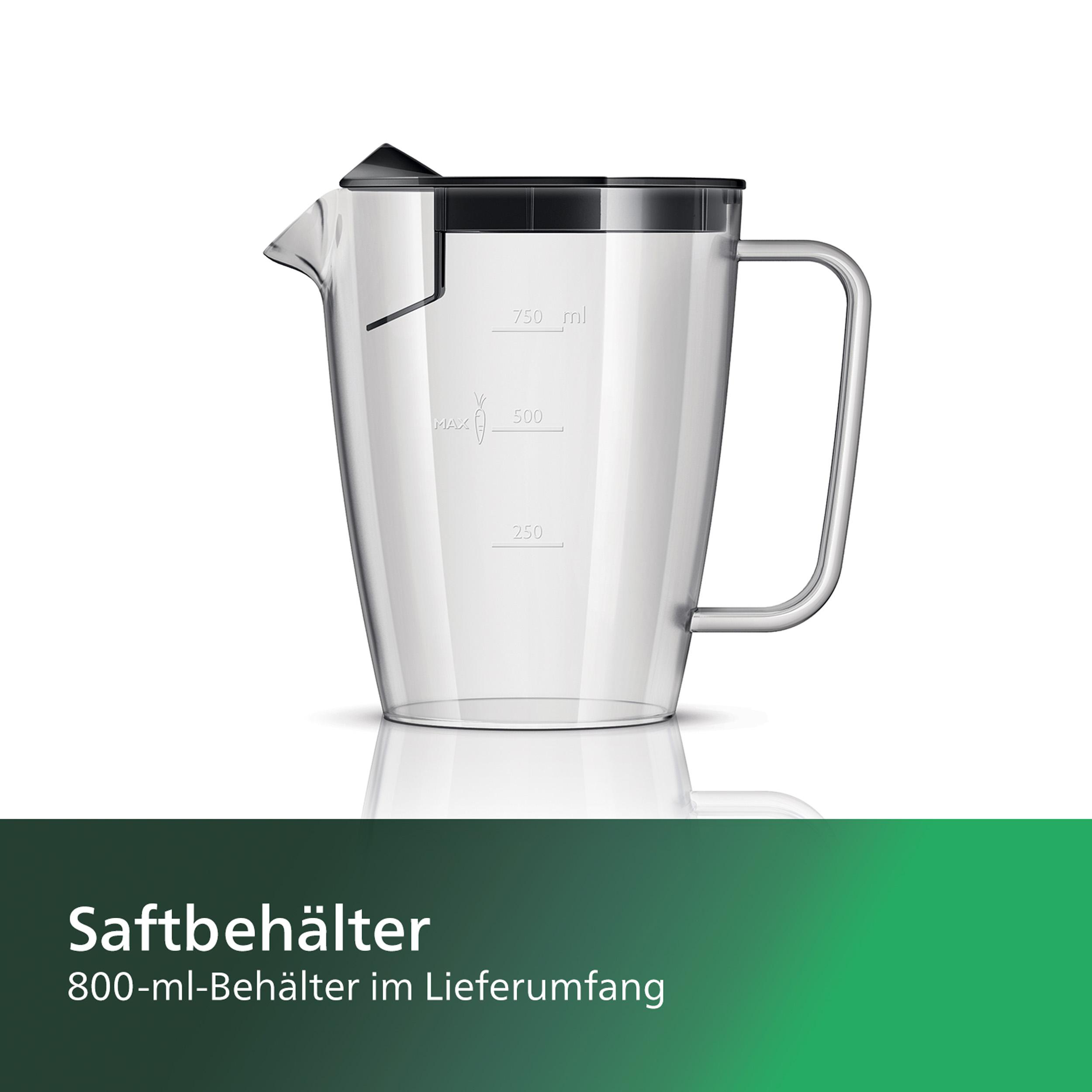 Ein klarer Saftkrug aus Kunststoff mit Messungen und einem schwarzen Deckel.