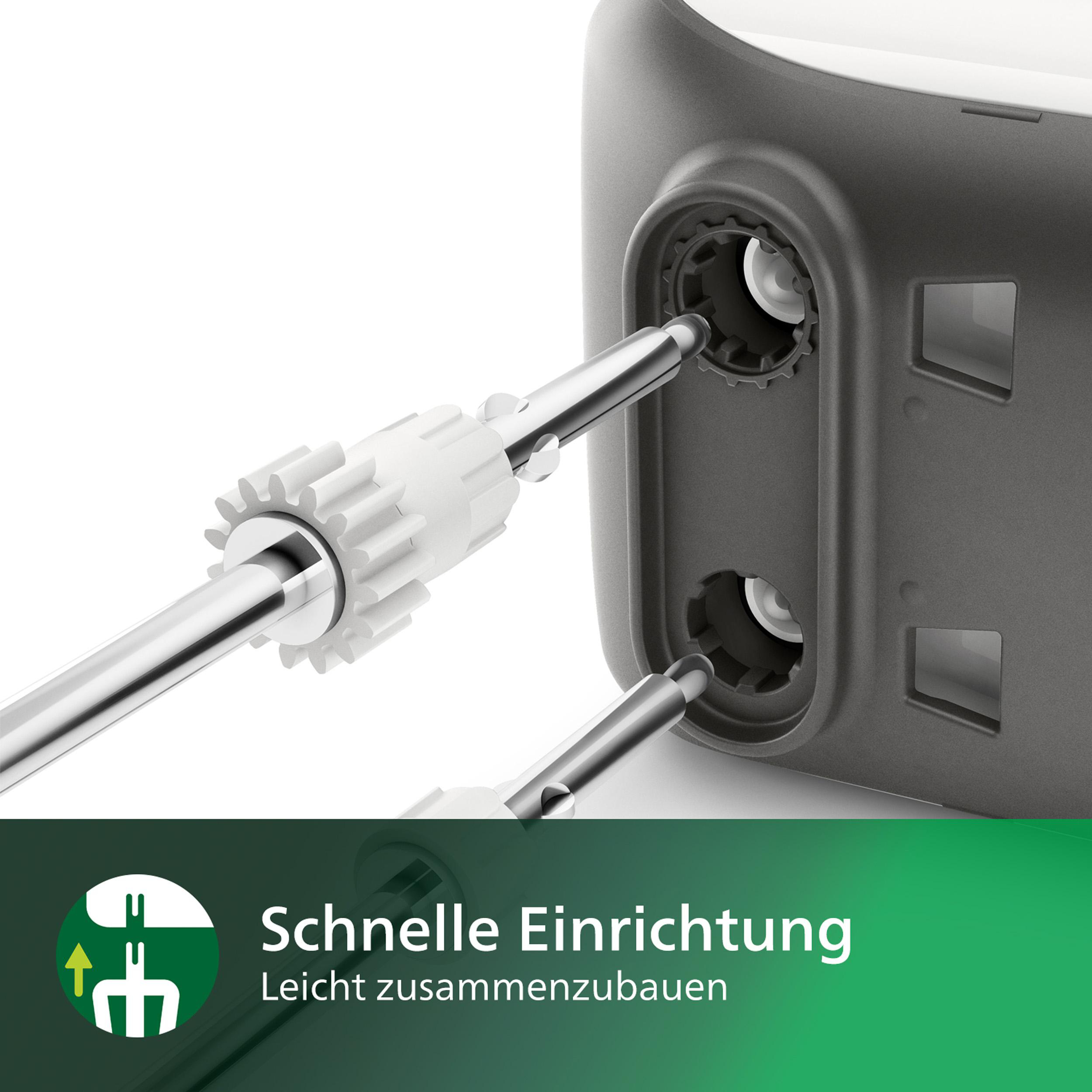 Nahaufnahme eines Reinigungsprodukts beim Zusammenbau. Text: 'Schnelle Einrichtung' mit Pfeilen.