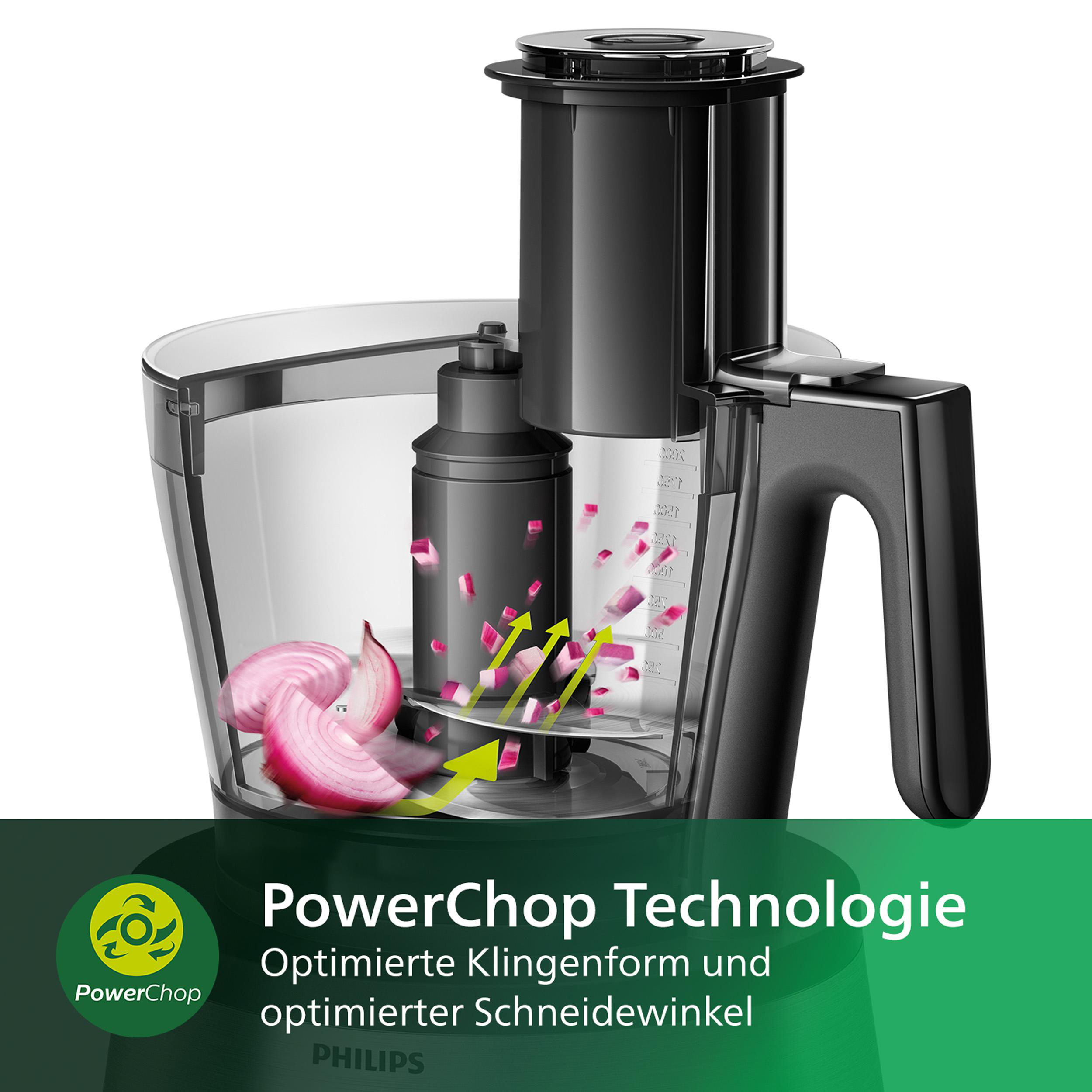 Küchenmaschine mit roter Zwiebel und Pfeilen.