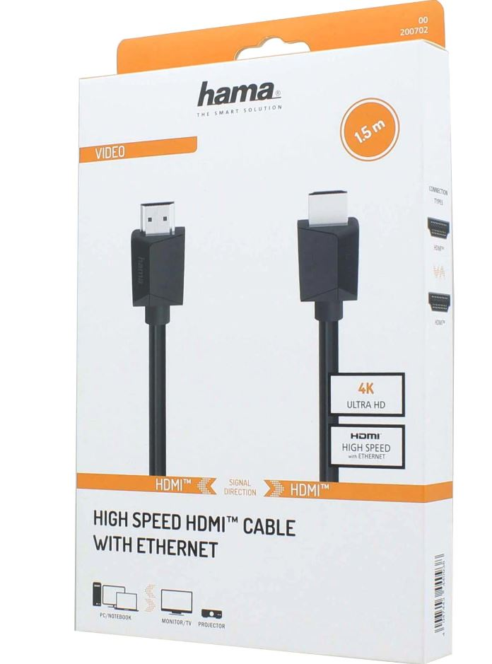 Siyah bir HDMI kablosu içeren kutu, metin: Ethernet'li Yüksek Hızlı HDMI Kablosu.