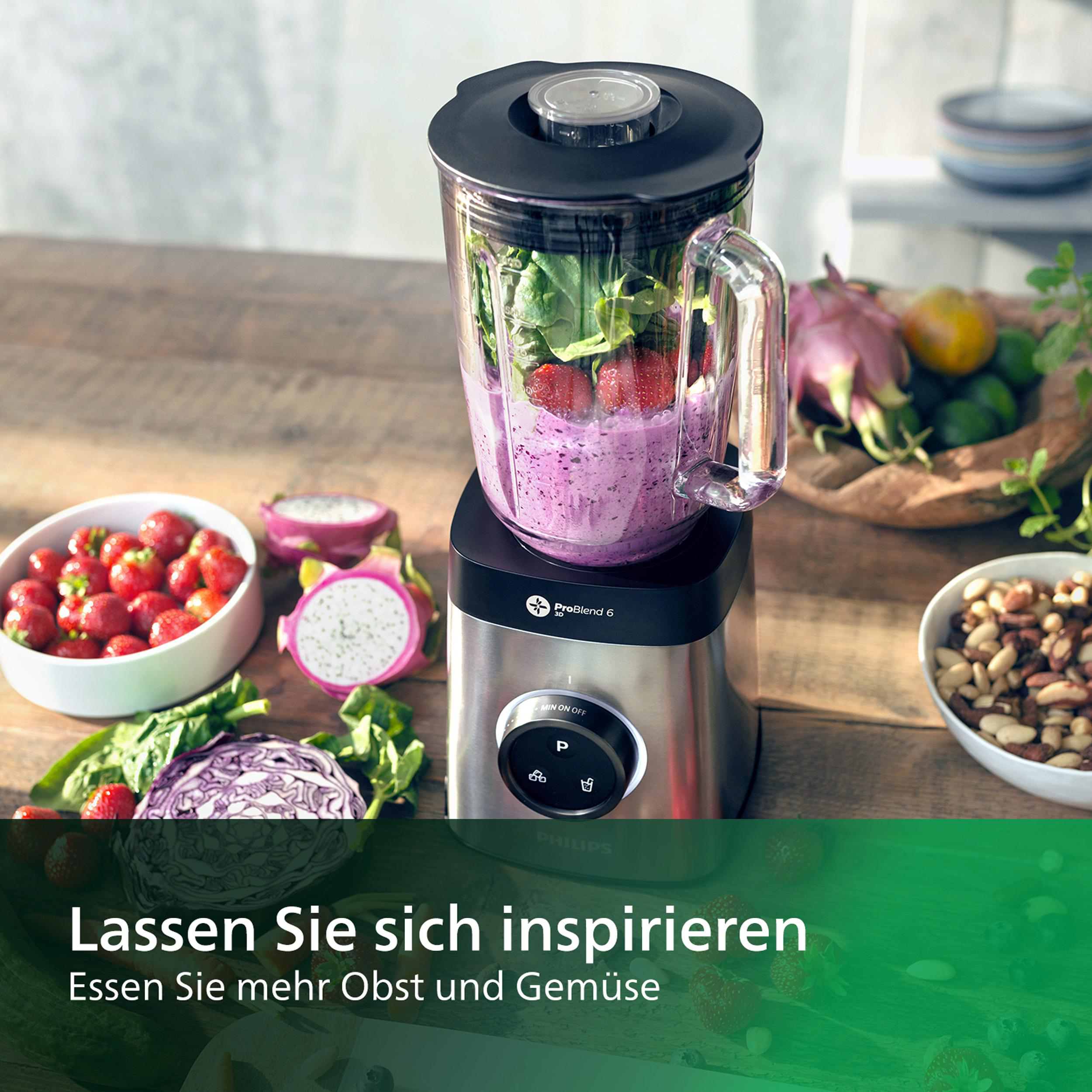PHILIPS HR3655/00 Avance Collection Edelstahlklinge, variable Geschwindigkeit mit Impulsfunktion, Hochleistungsmixer Silber (1400 Watt, 1.8 l)
