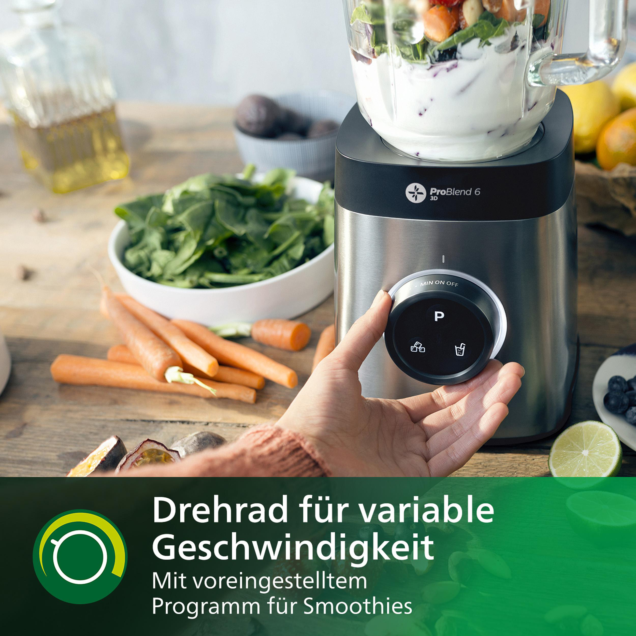 PHILIPS HR3655/00 Avance Collection Edelstahlklinge, variable Geschwindigkeit mit Impulsfunktion, Hochleistungsmixer Silber (1400 Watt, 1.8 l)
