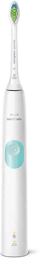 Egy fehér Philips Sonicare elektromos fogkefe világoskék bekapcsológombbal.