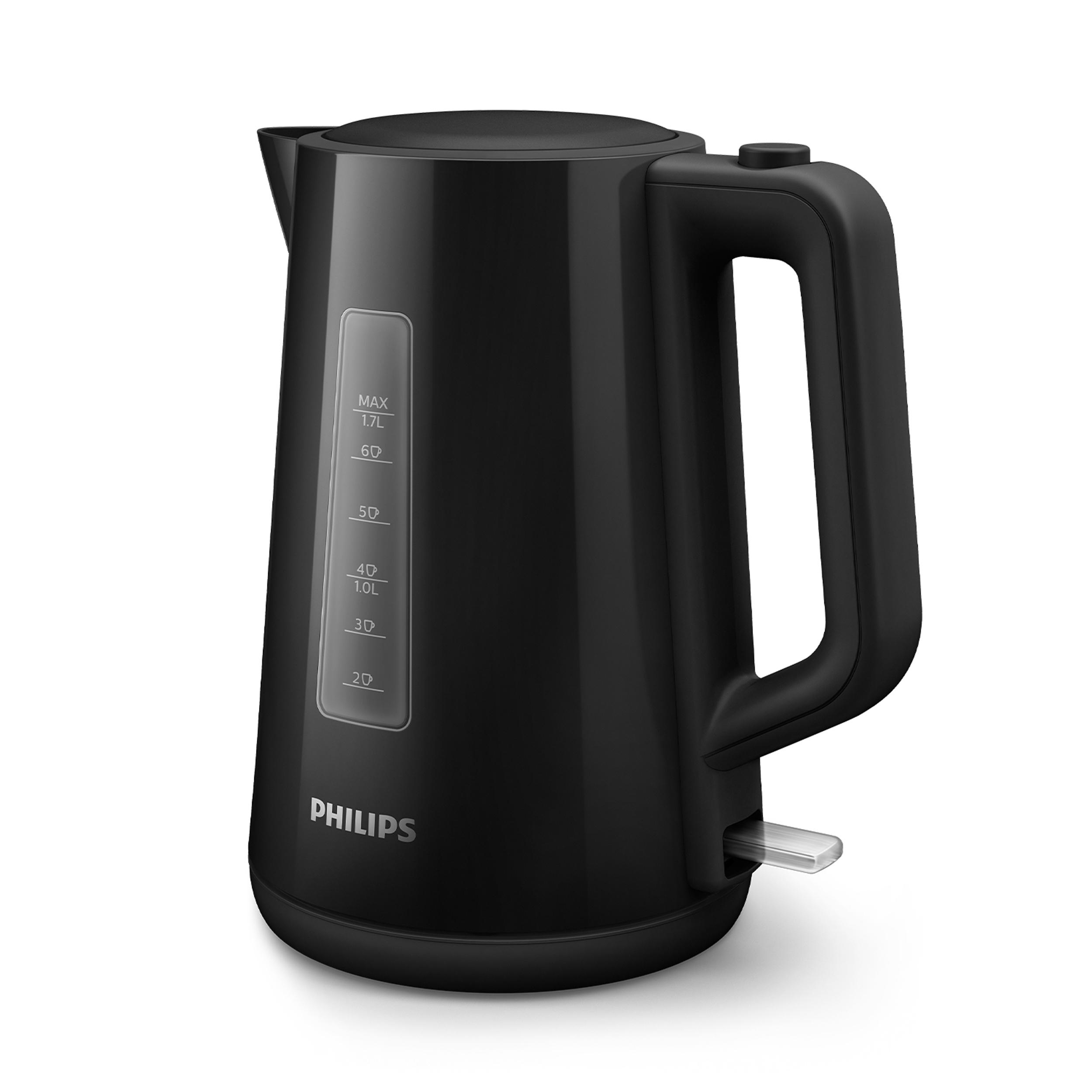 Ein schwarzer Philips Wasserkocher. Er hat einen Griff, eine Wasserstandsanzeige und einen Knopf.