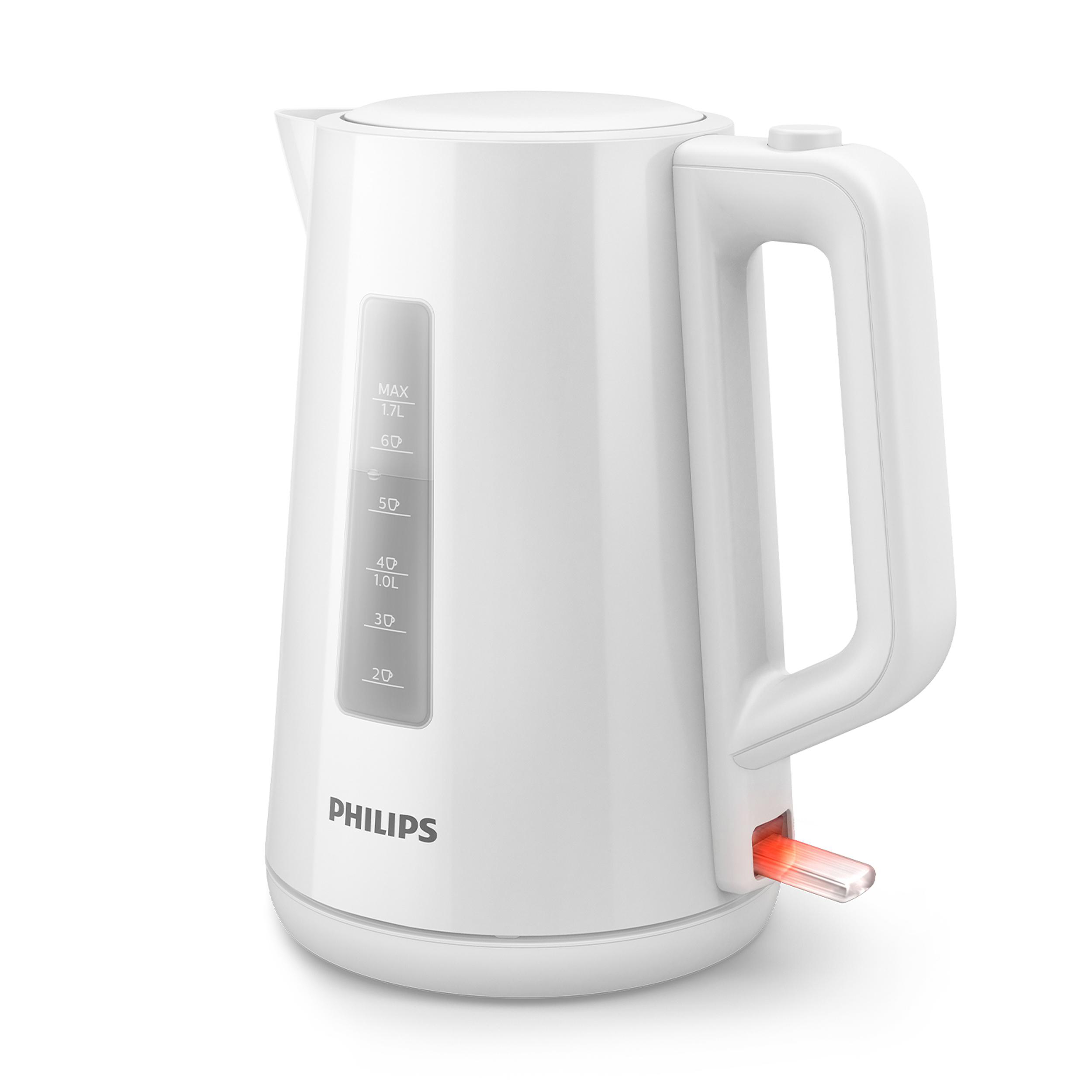 Ein weißer Philips Wasserkocher mit schwarzem Griff. Ein rotes Licht leuchtet.