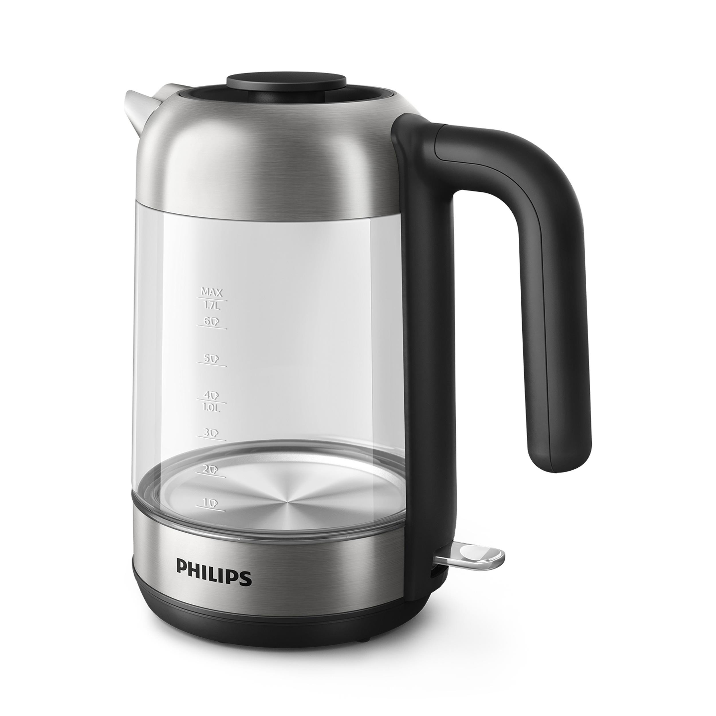 Ein Philips-Elektrokessel aus Edelstahl und Glas mit schwarzem Griff und Sockel.