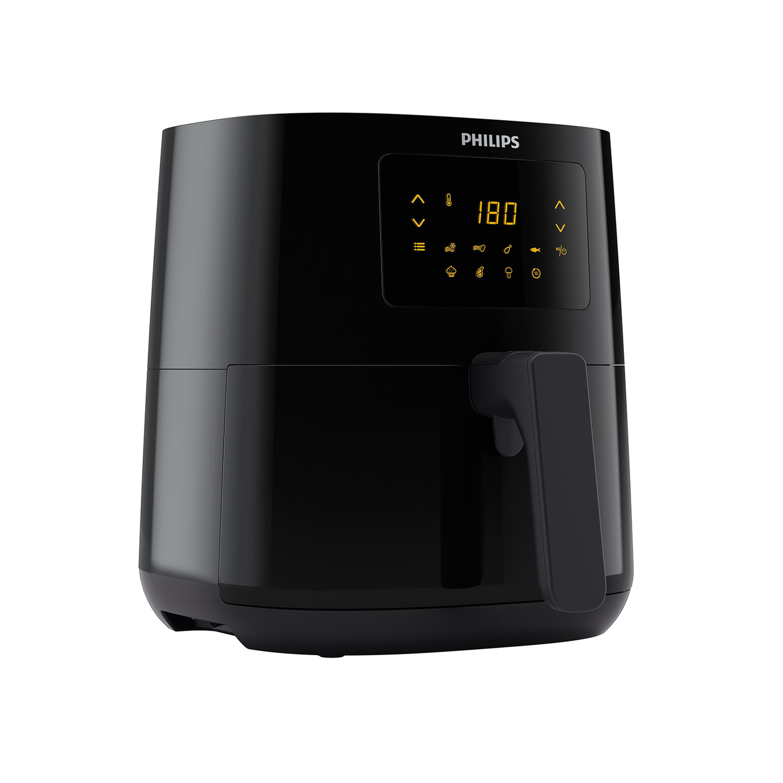 Ein schwarzer Philips Airfryer mit Griff und digitaler Anzeige.