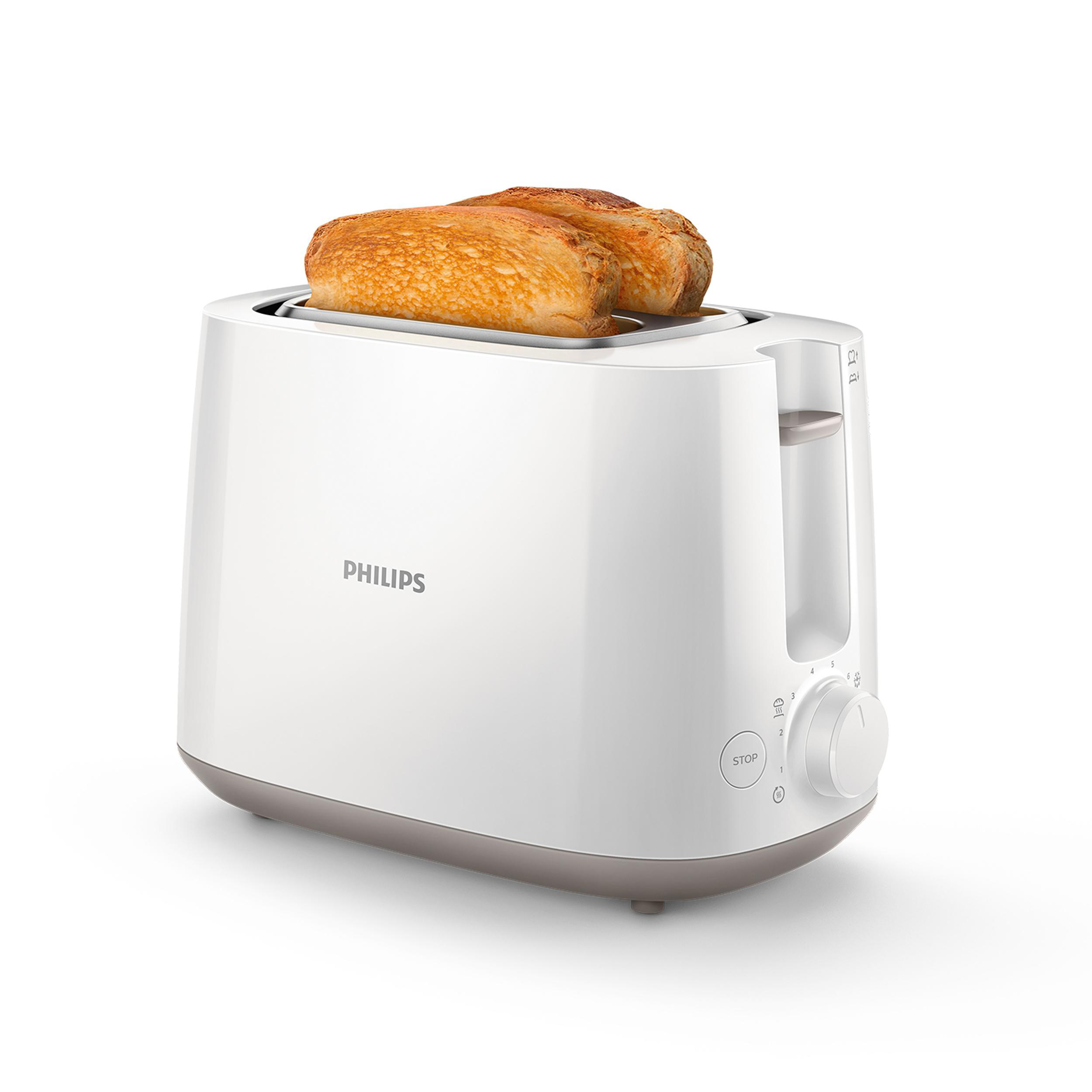 Weißer Toaster mit zwei Toastscheiben. Graue Basis. Weißer Hintergrund.