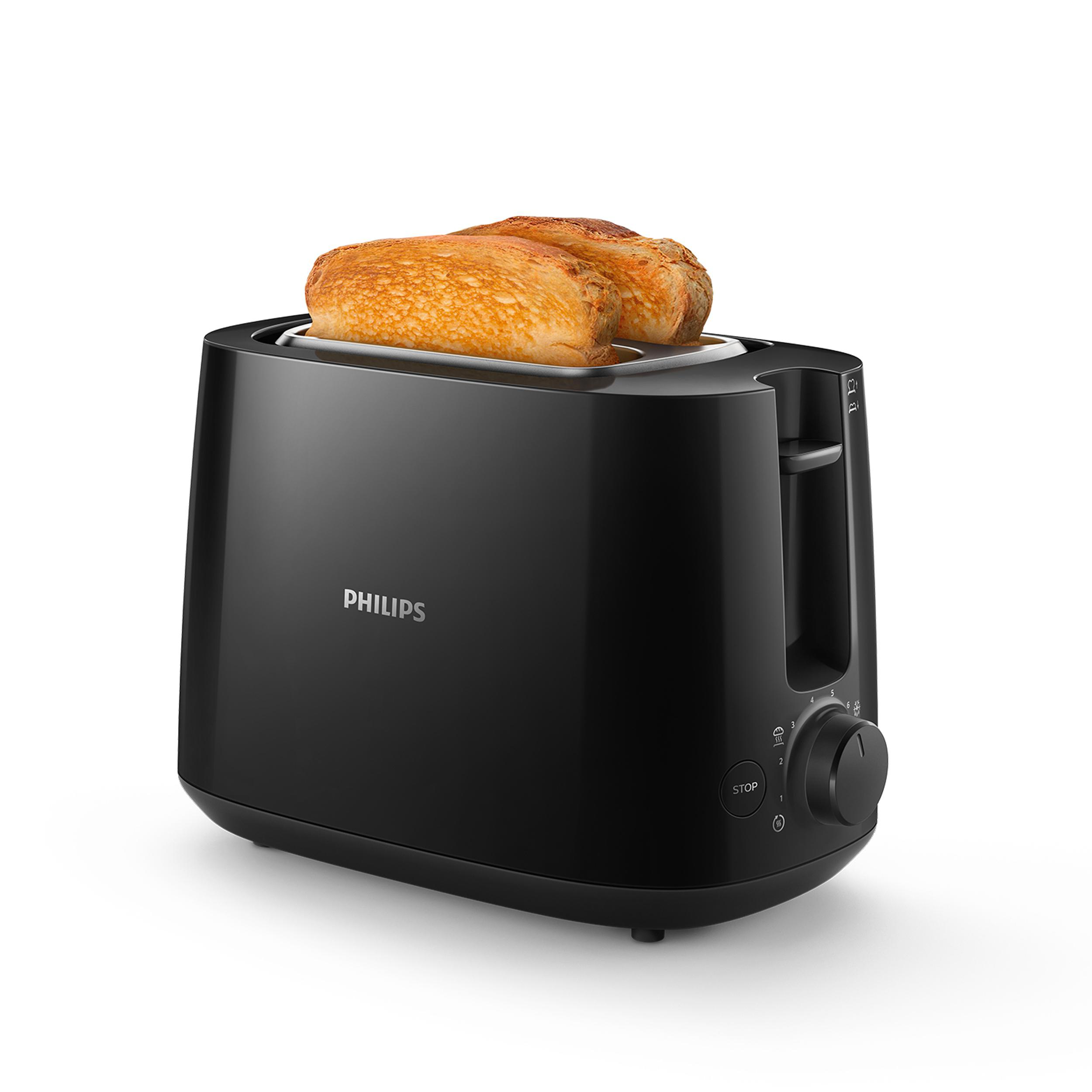 Schwarzer Philips-Toaster mit zwei Toastscheiben darin, auf weißem Hintergrund.
