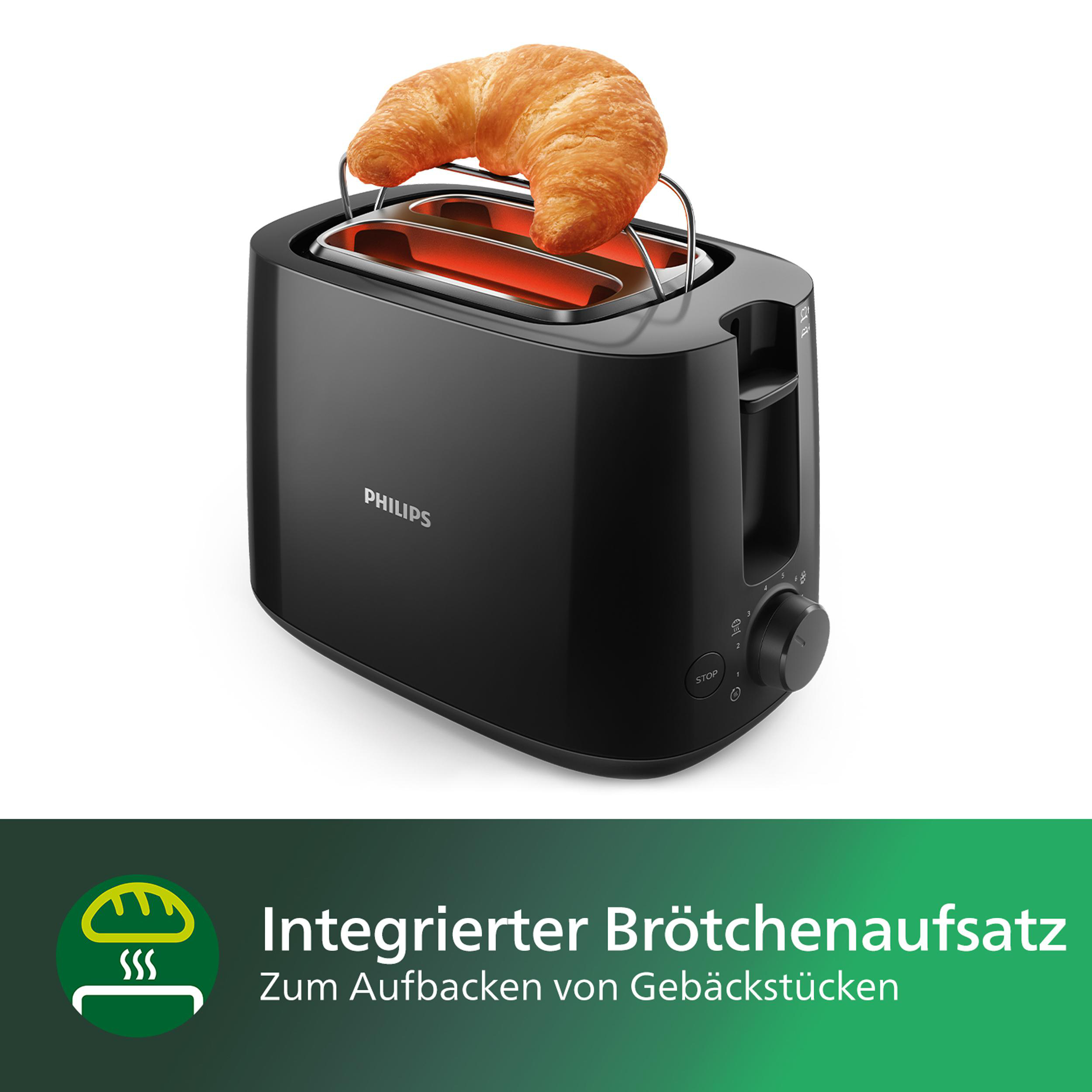 Schwarzer Toaster mit Croissant auf dem oberen Rost, darunter Text.