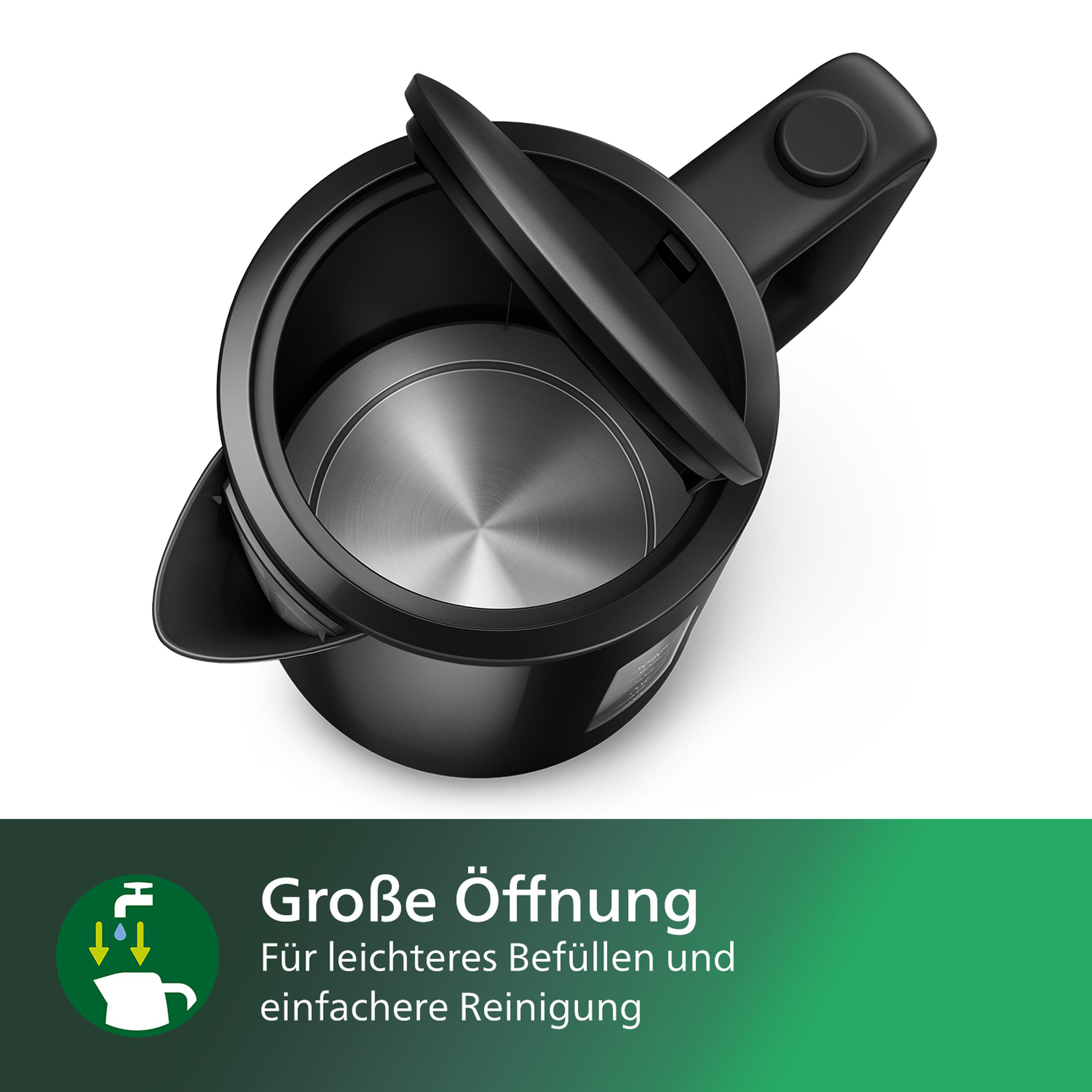 Schwarzer Wasserkocher mit offenem Deckel. Text auf Deutsch über die Reinigung.