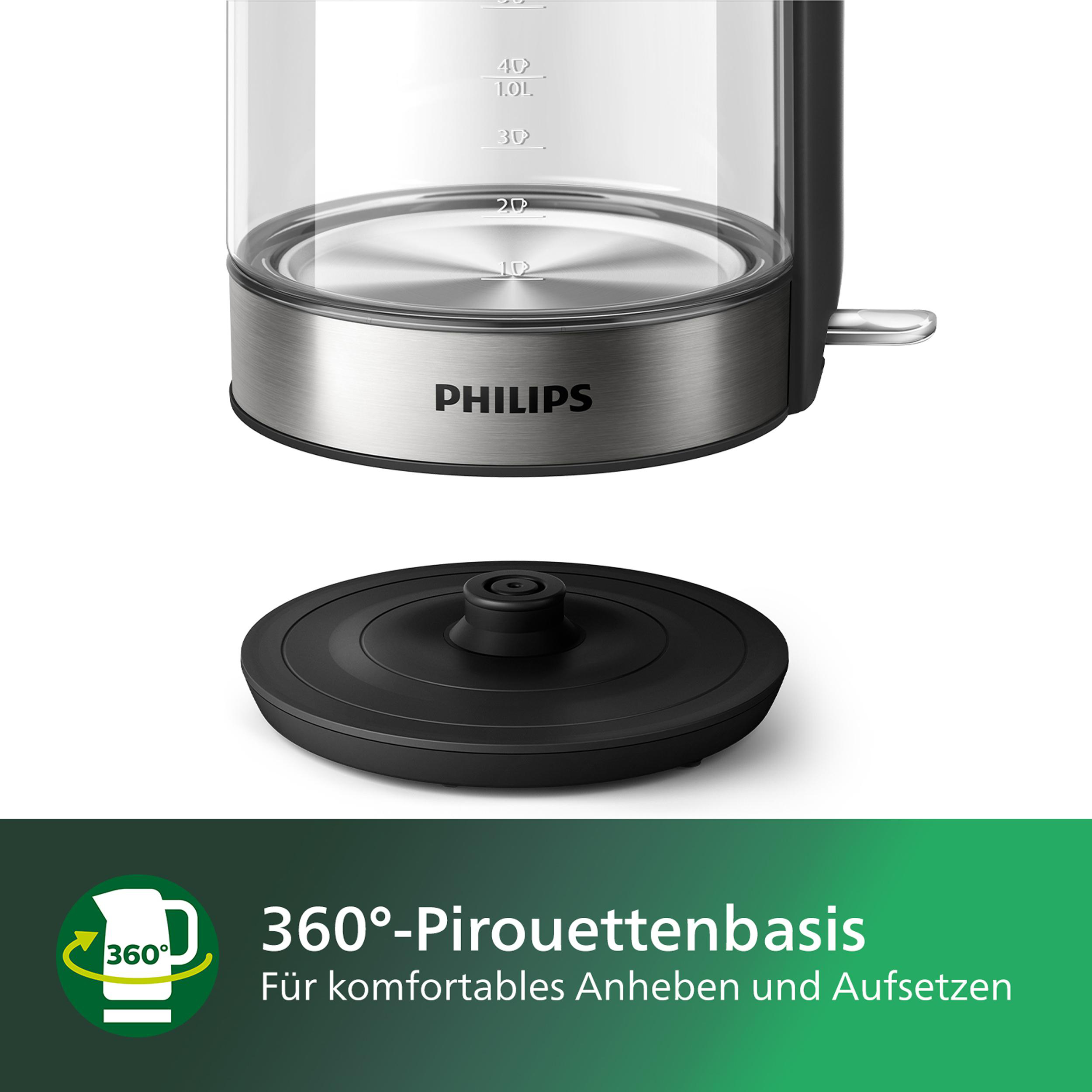 Philips Wasserkocher mit 360°-Basis, Füllstandsanzeigen auf dem Glas.