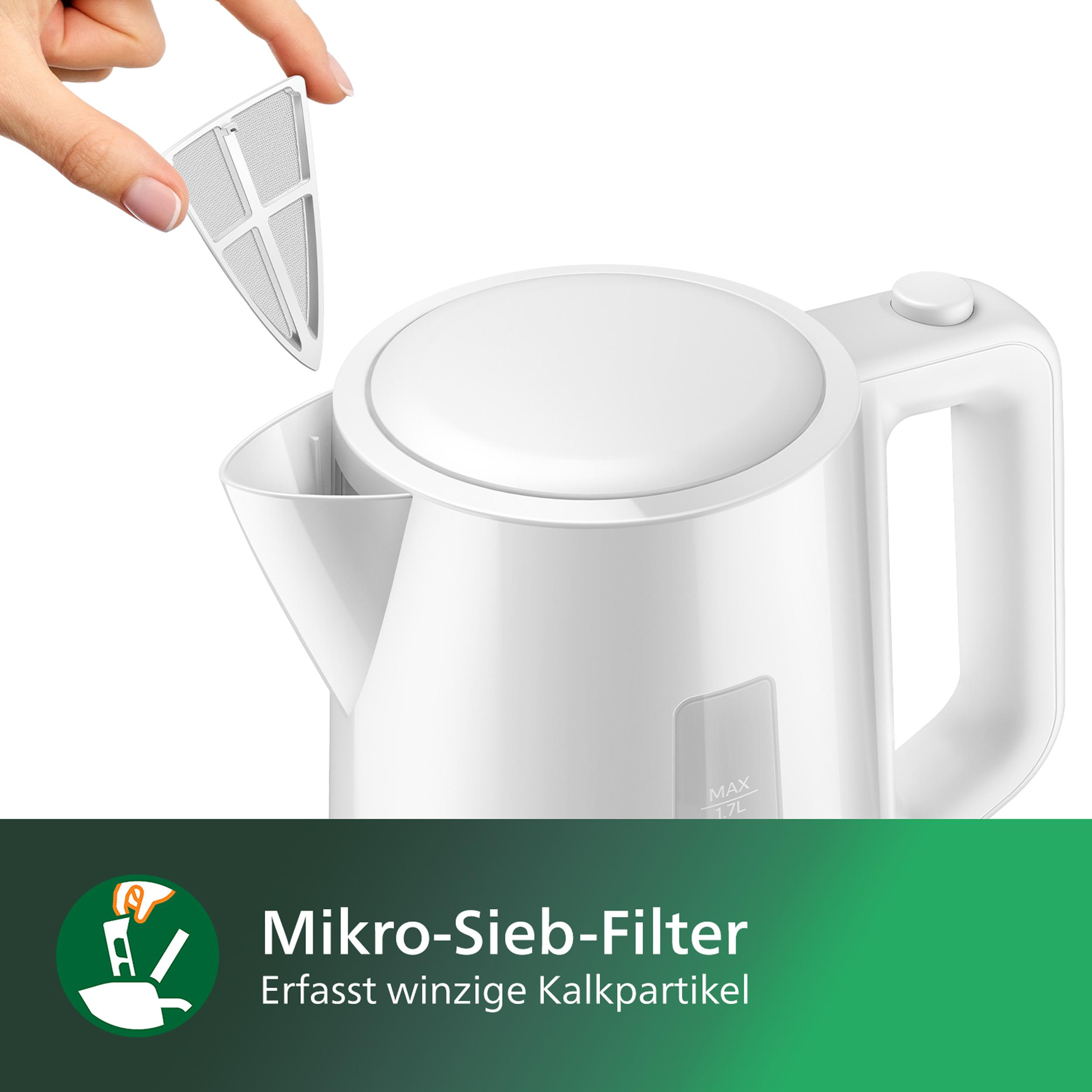 Eine Hand hält einen weißen Wasserfilter über einem weißen Wasserkocher. Text: Mikro-Siebfilter.