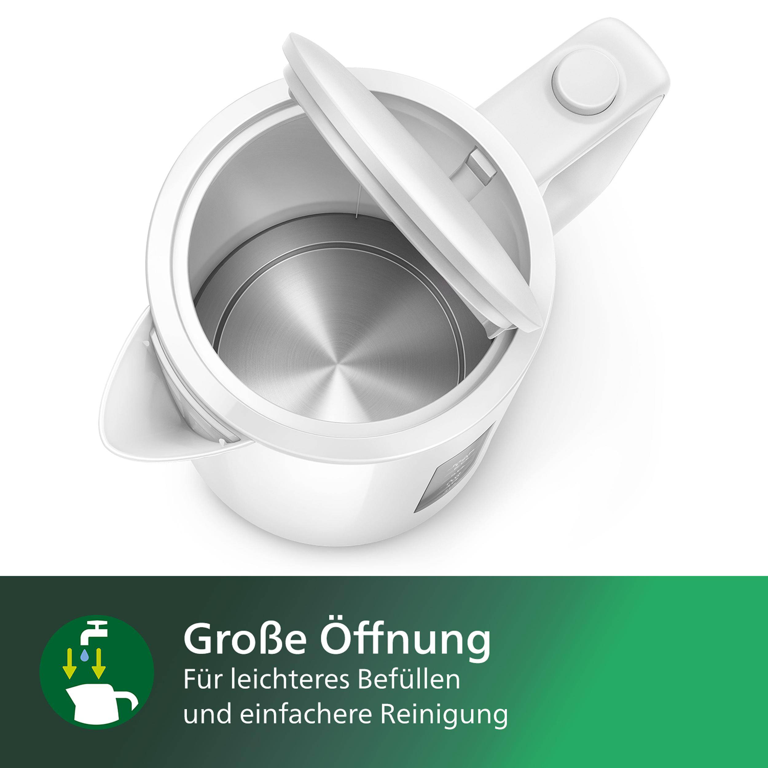 Ein weißer Wasserkocher mit offenem Deckel, der das Edelstahl-Innenleben zeigt.