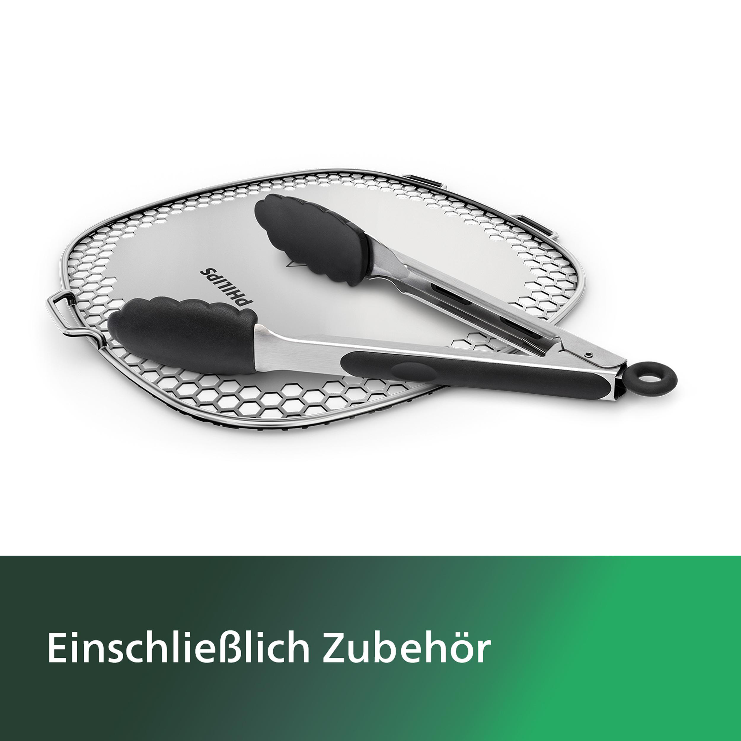 Silberne Zange und eine Grillplatte mit Philips-Logo. Der Text darunter lautet: Inklusive Zubehör.