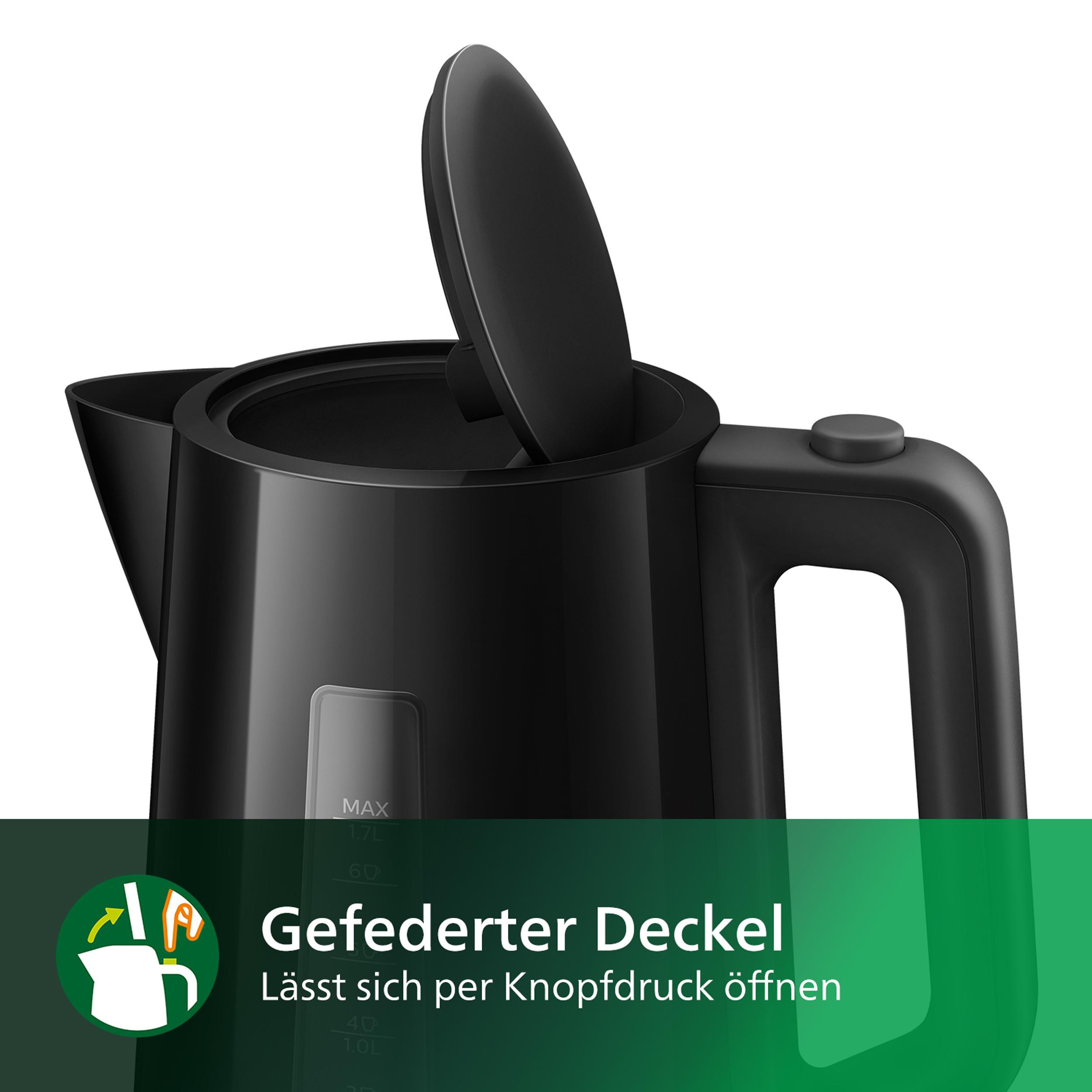 Nahaufnahme eines schwarzen elektrischen Wasserkochers mit offenem Deckel, der den Wasserstand zeigt.