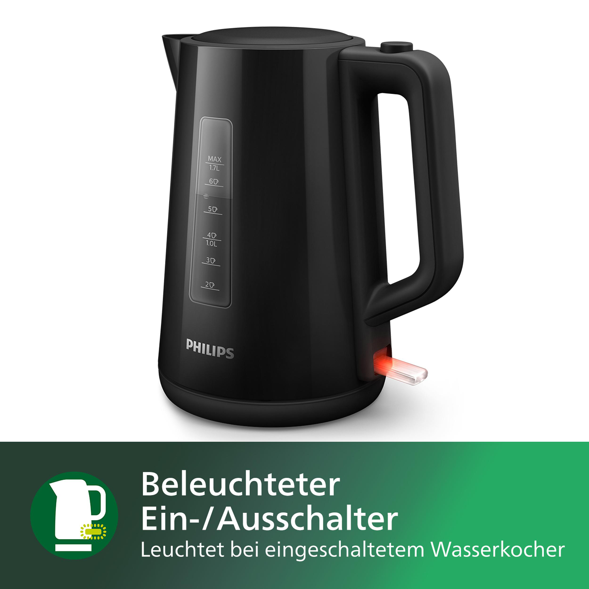 Schwarzer Wasserkocher mit beleuchtetem Ein-/Ausschalter.