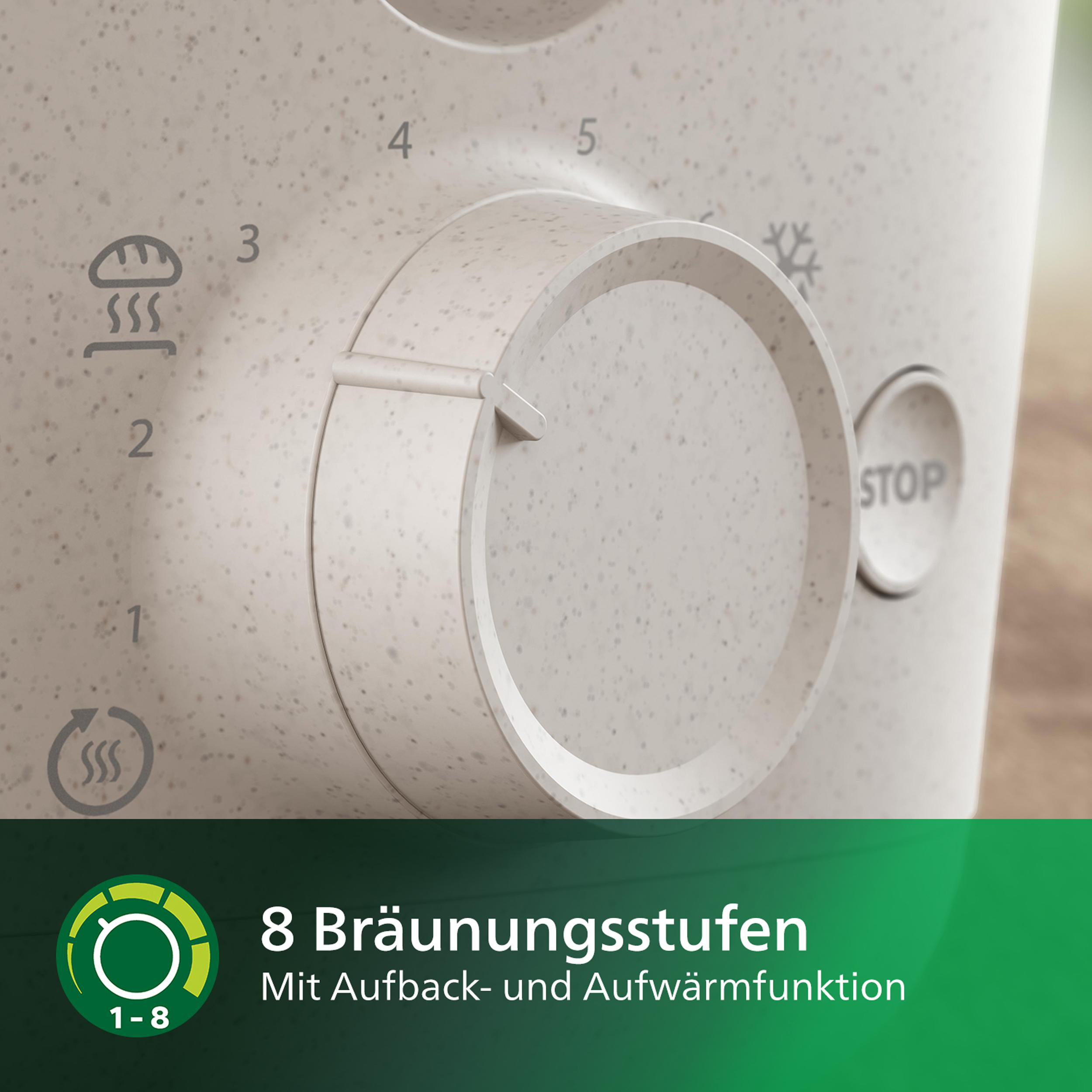 Toaster-Bedienfeld. Drehregler mit Zahlen, Symbolen und Stopp-Taste sichtbar.