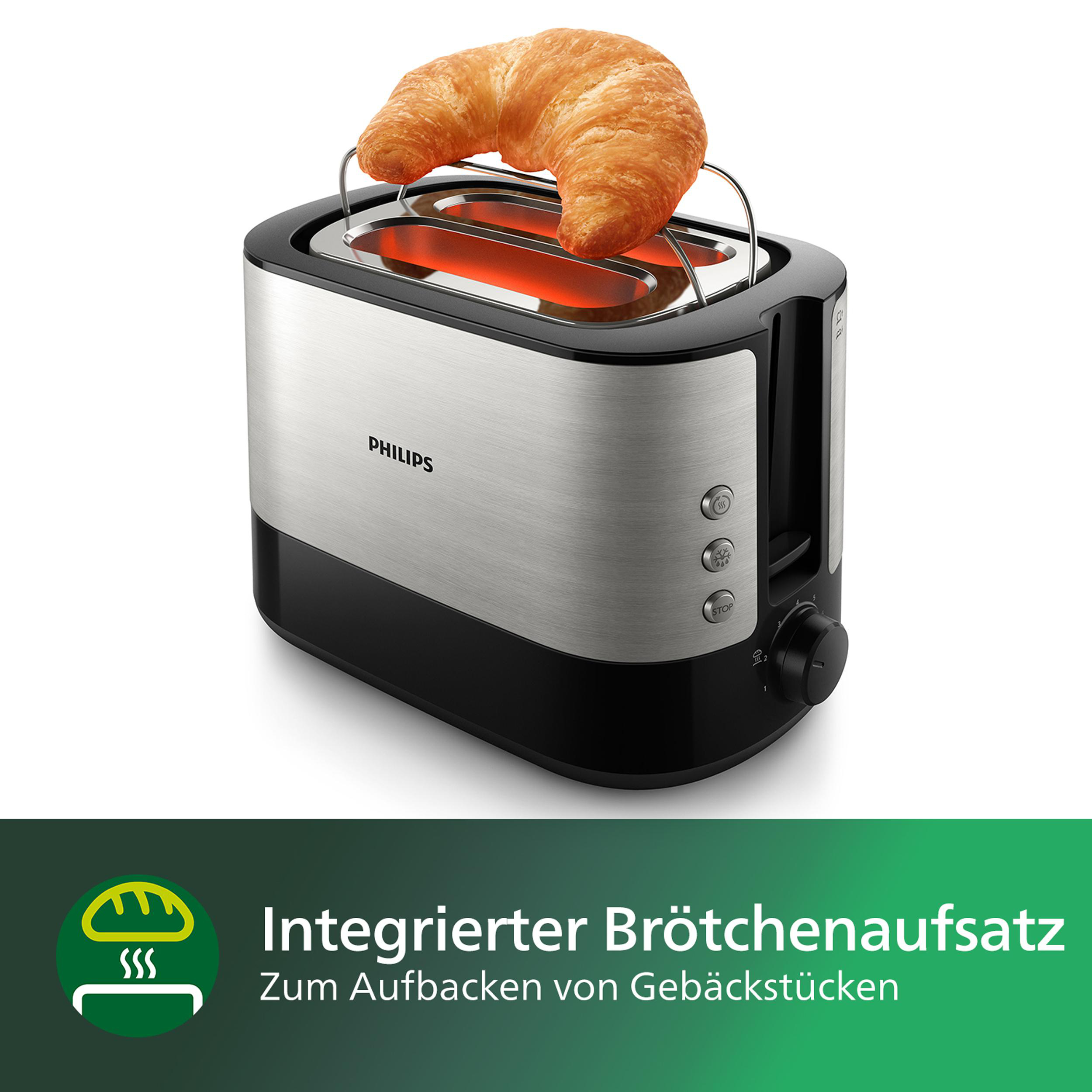 Ein Toaster mit einem Croissant, mit Text über eine Aufwärmfunktion.