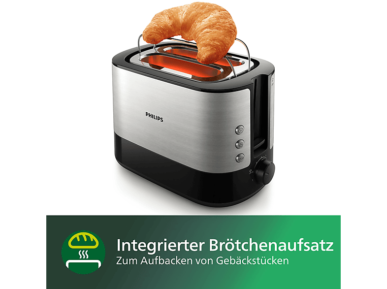 PHILIPS HD2637/90 Viva Collection 7 Stufen, Krümelschublade, Brötchenaufsatz Toaster Silber/Schwarz (1000 Watt, Schlitze: 2)