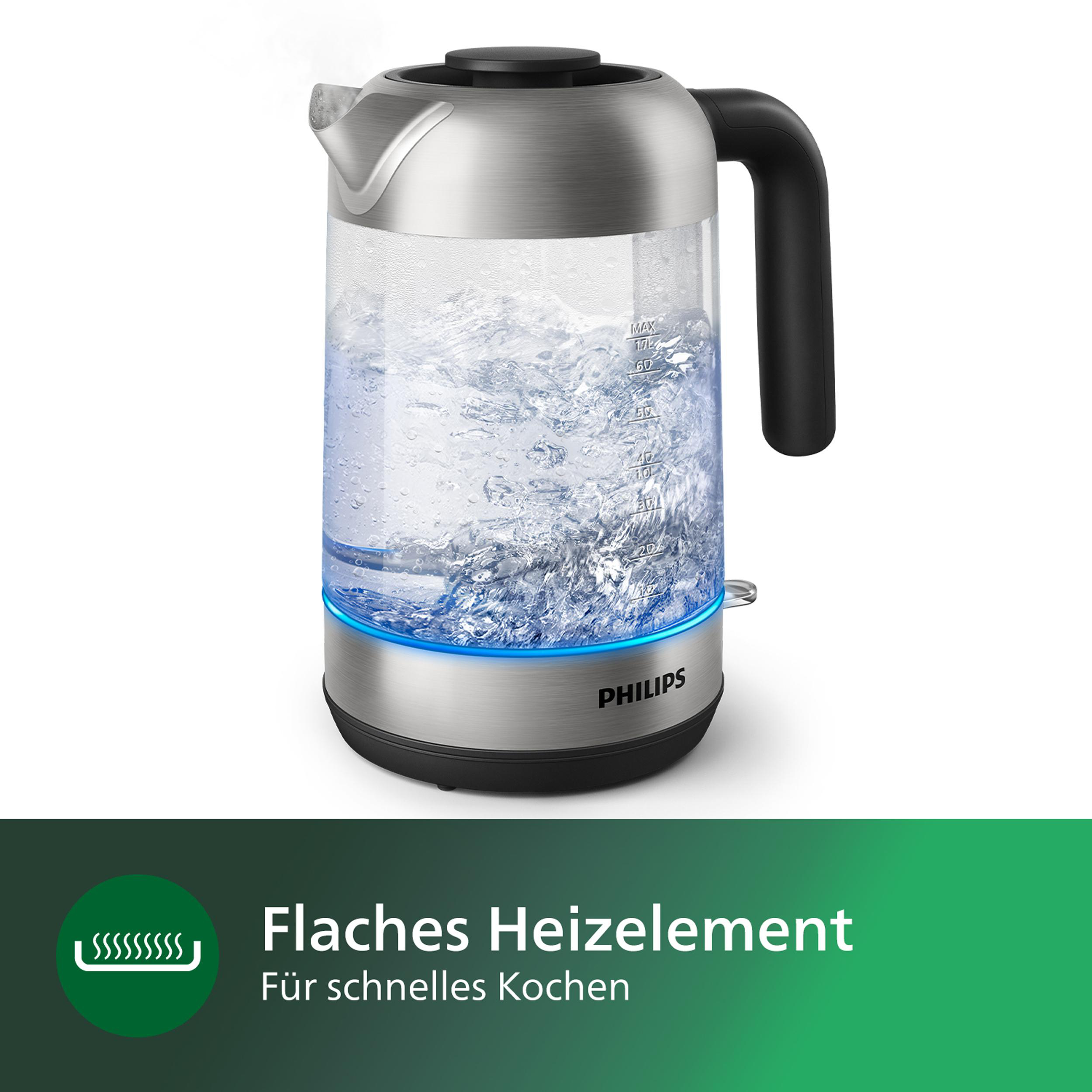 Ein elektrischer Philips-Wasserkocher mit kochendem Wasser und blauem Licht.