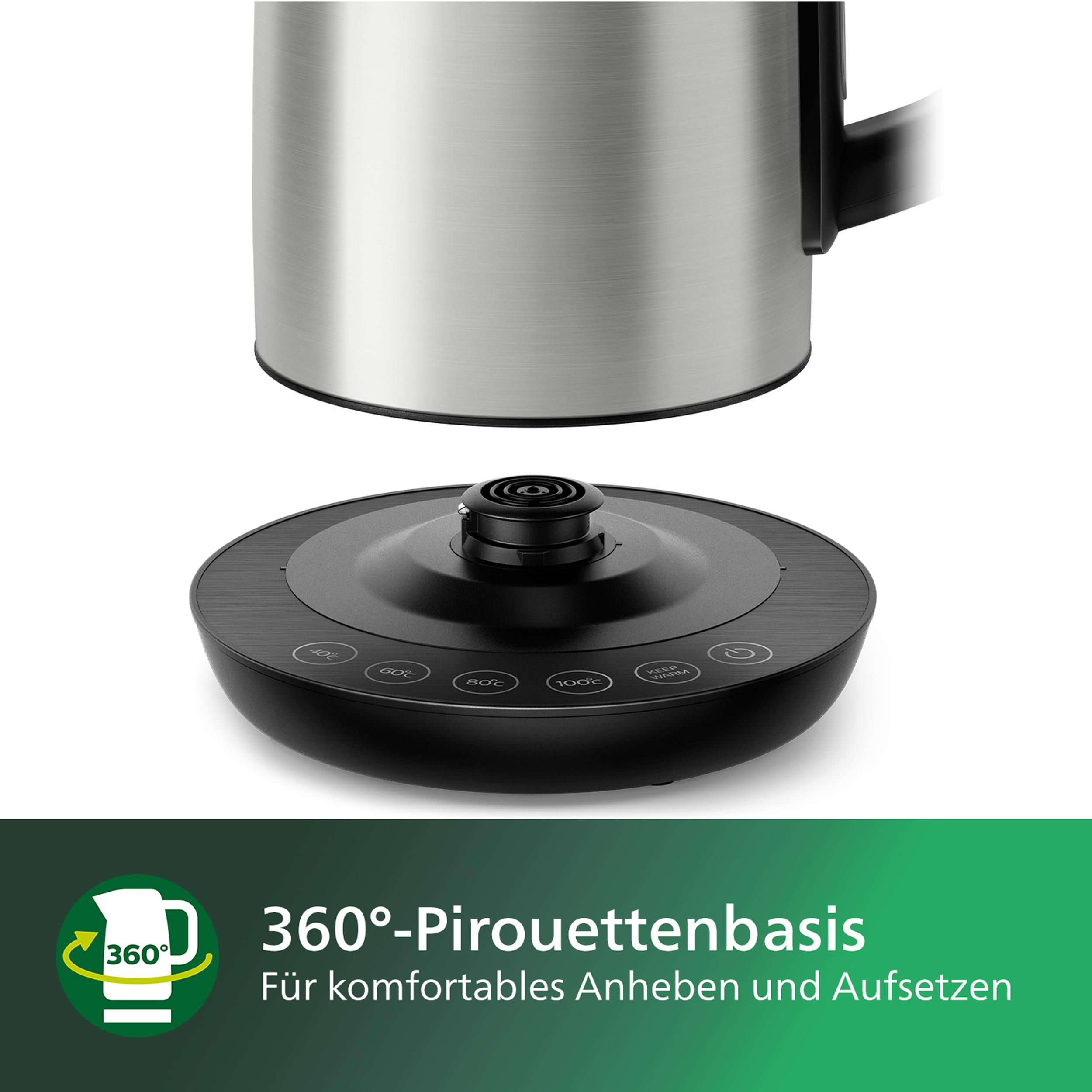 Schwarzer Sockel eines Wasserkochers, ein silberner Wasserkocher darüber, zeigt Einstellungen.