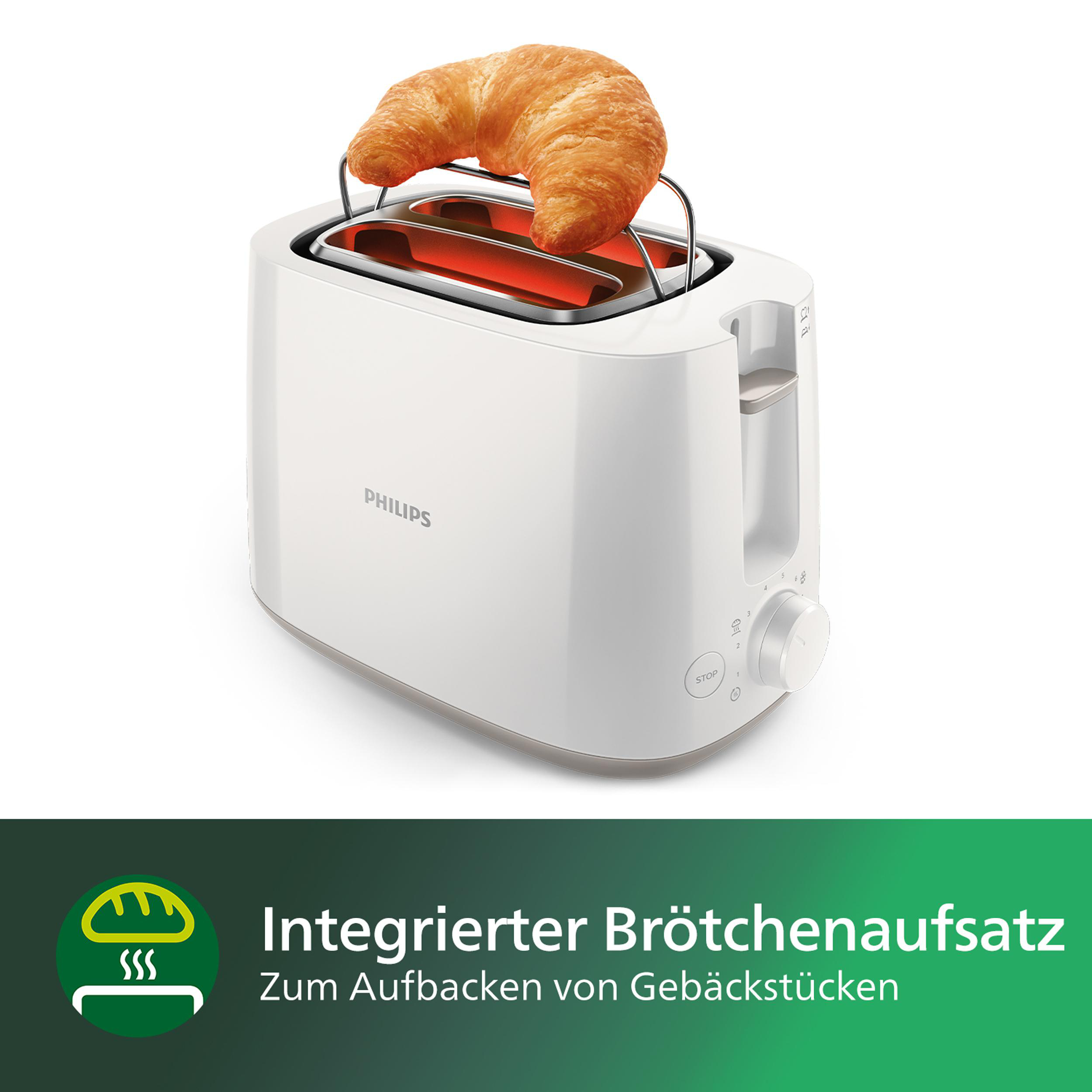 Ein weißer Toaster mit einem Croissant oben drauf.
