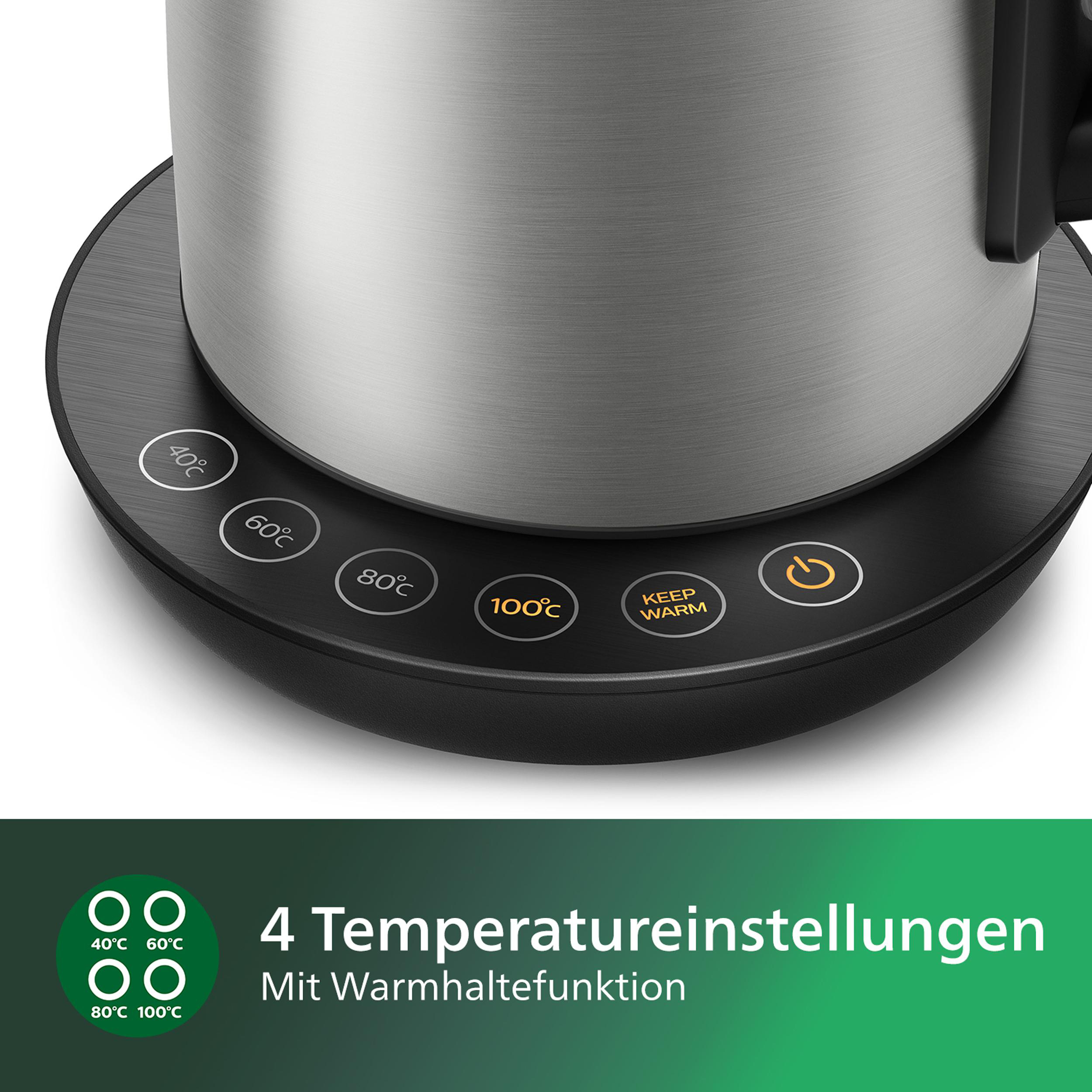 Ein Wasserkocher mit Temperatureinstellungen und Warmhaltefunktion auf schwarzer Basis.